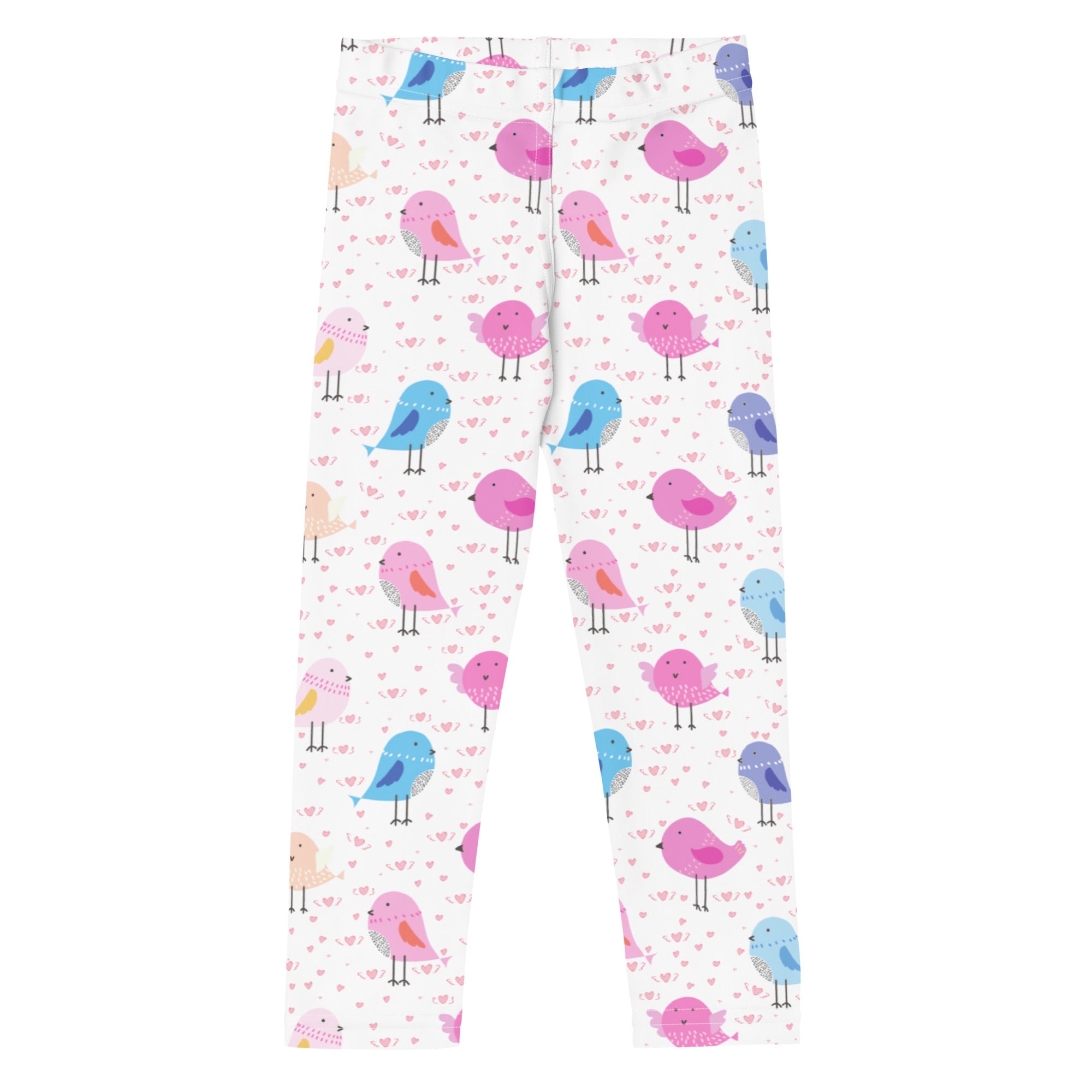 White girls buttery soft leggings with colorful pink blue and purple cartoon birds and small heart patterns