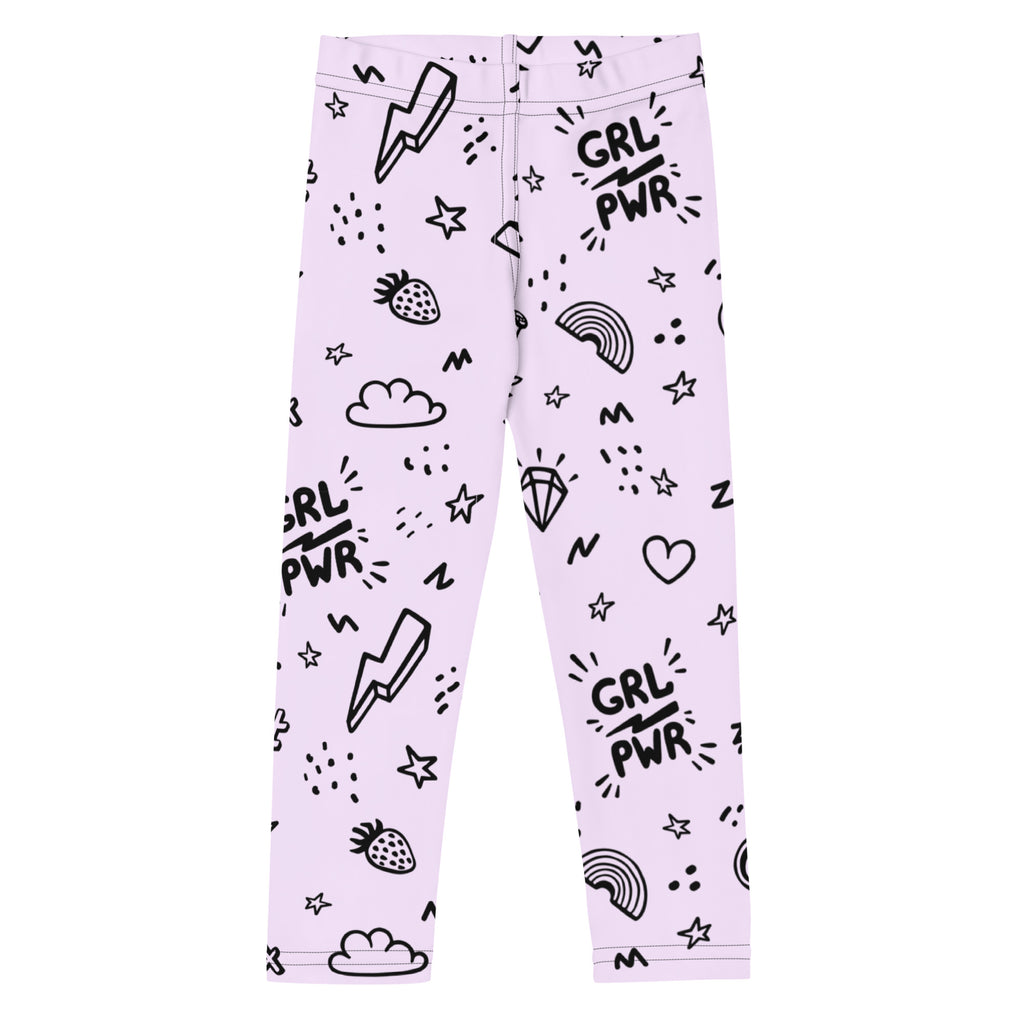 Light purple girl power kids buttery soft leggings with playful black graphic print including grl pwr text and icons