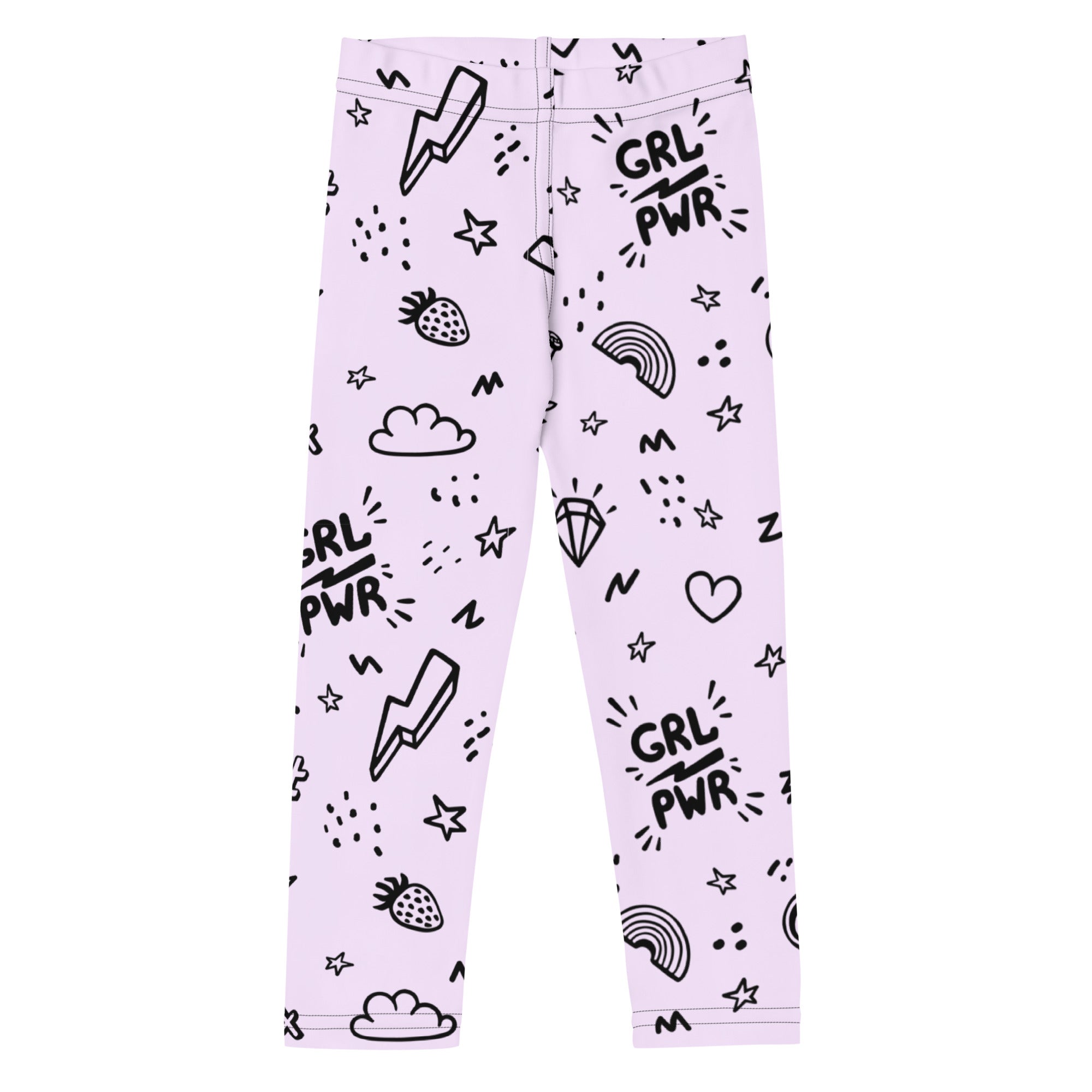 Light purple girl power kids buttery soft leggings with playful black graphic print including grl pwr text and icons
