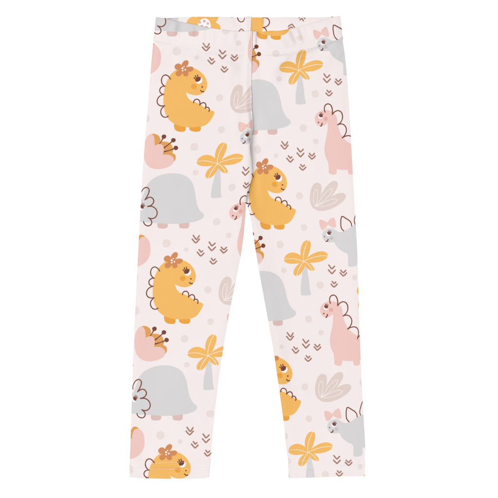 Girls floral dinosaur buttery soft leggings with yellow and pink dinosaurs gray turtles and palm trees on off-white background
