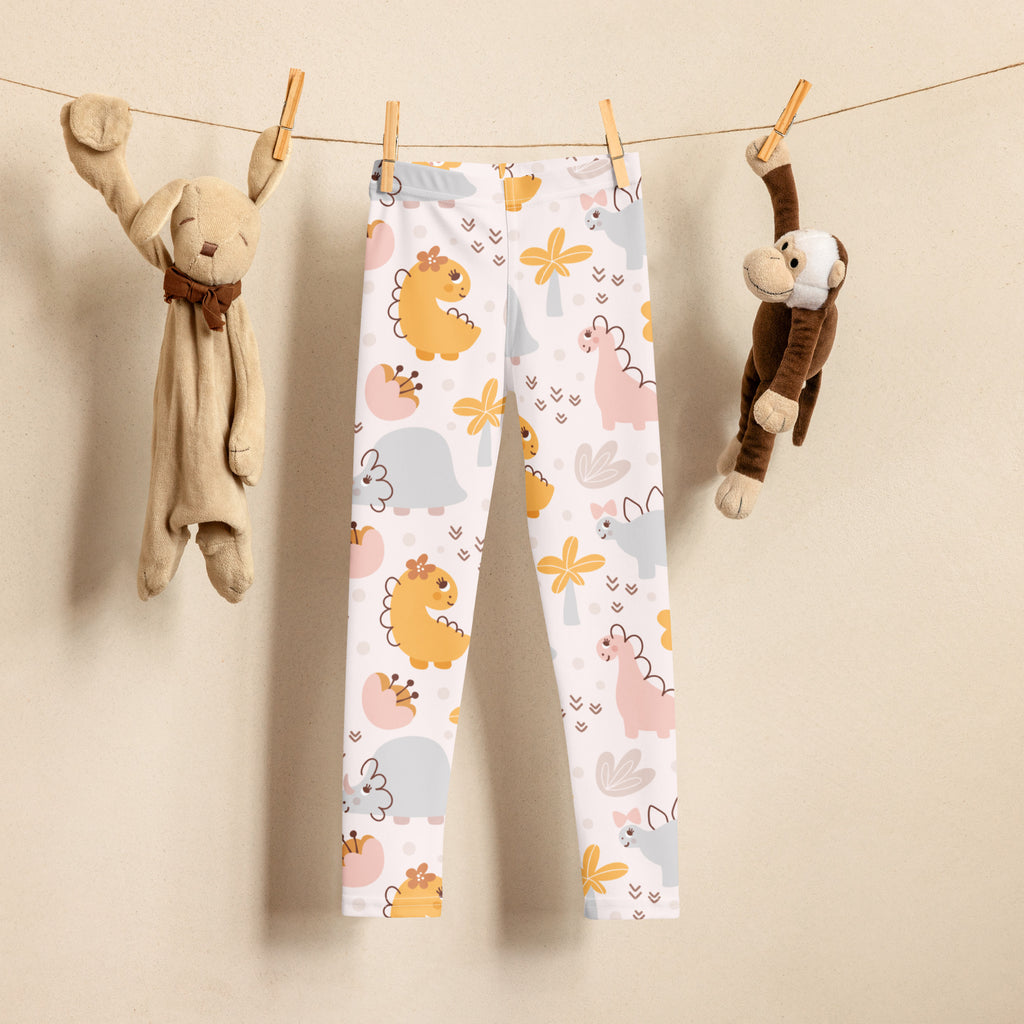 Girls floral dinosaur buttery soft white leggings with pastel dinosaur flower and animal pattern