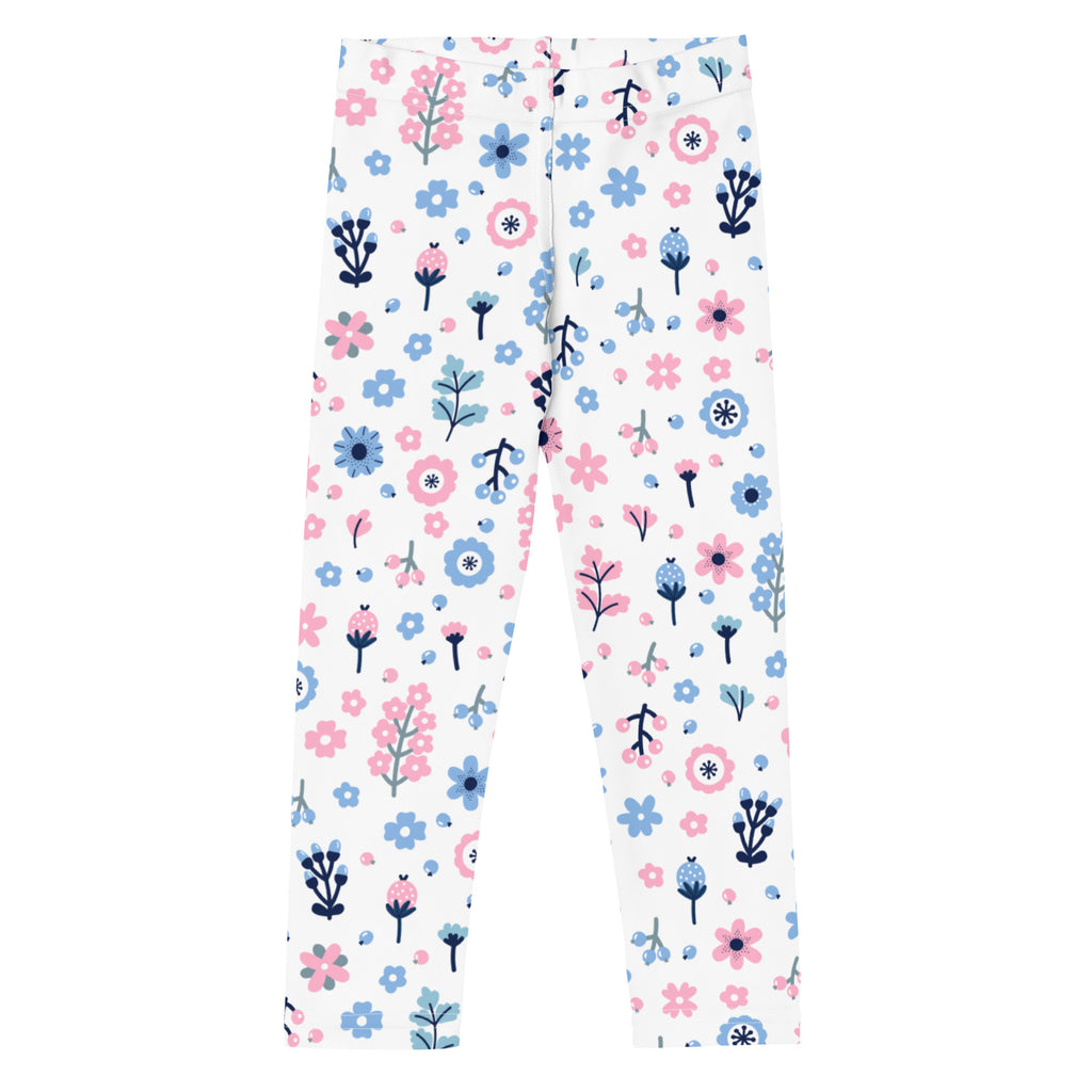 Girls floral purple and blue flowers buttery soft white leggings with playful pink and blue flower pattern and green stems
