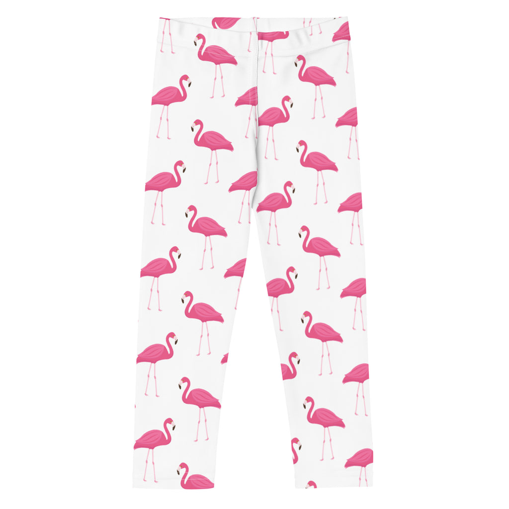Kids pink flamingo buttery soft white leggings with vibrant pink flamingo pattern for comfortable wear
