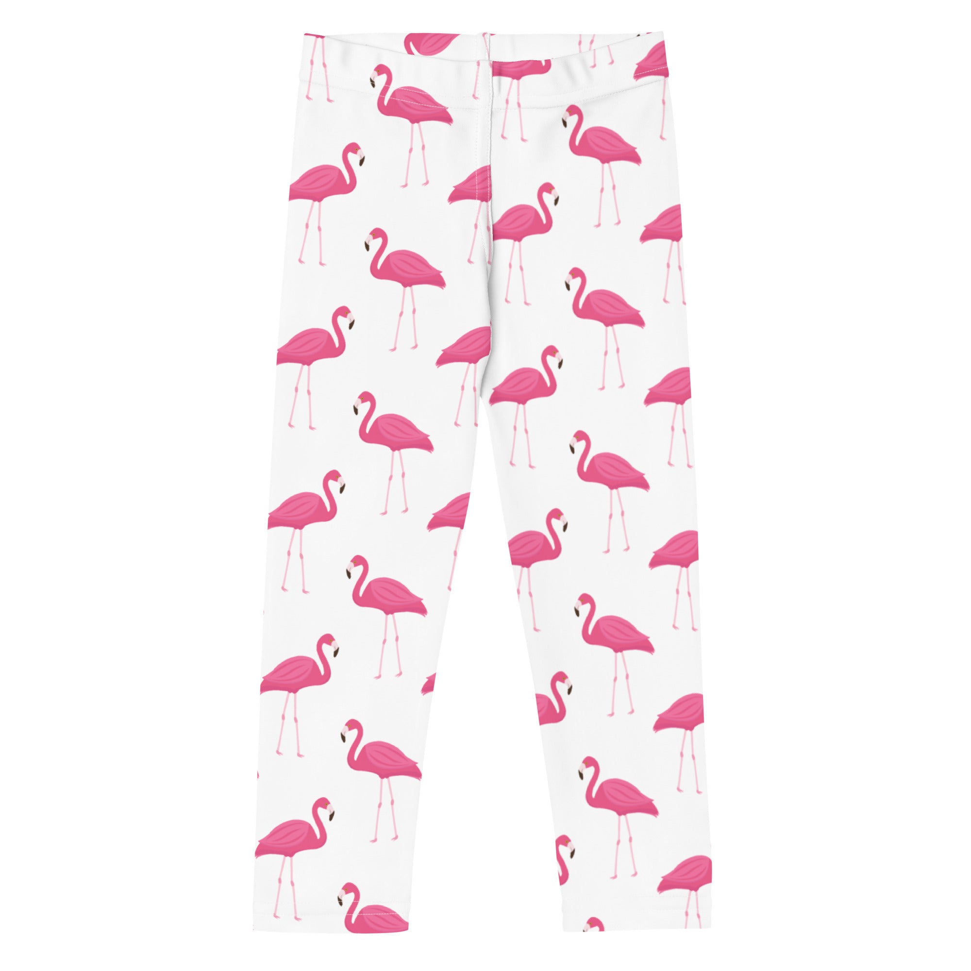 Kids pink flamingo buttery soft white leggings with vibrant pink flamingo pattern for comfortable wear