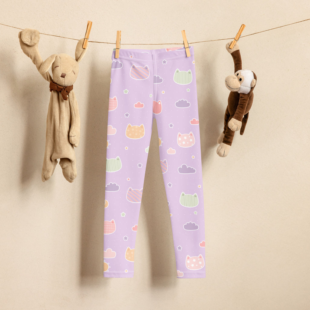 Girls pastel purple kawaii cats and clouds buttery soft lilac leggings with playful pastel cat cloud and star pattern
