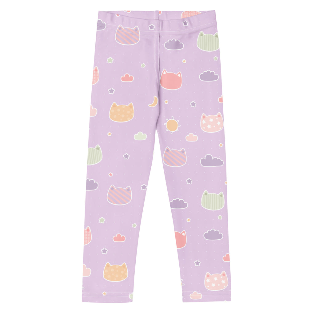 Girls pastel purple kawaii cats and clouds buttery soft leggings with cartoon cats clouds stars and moons pattern