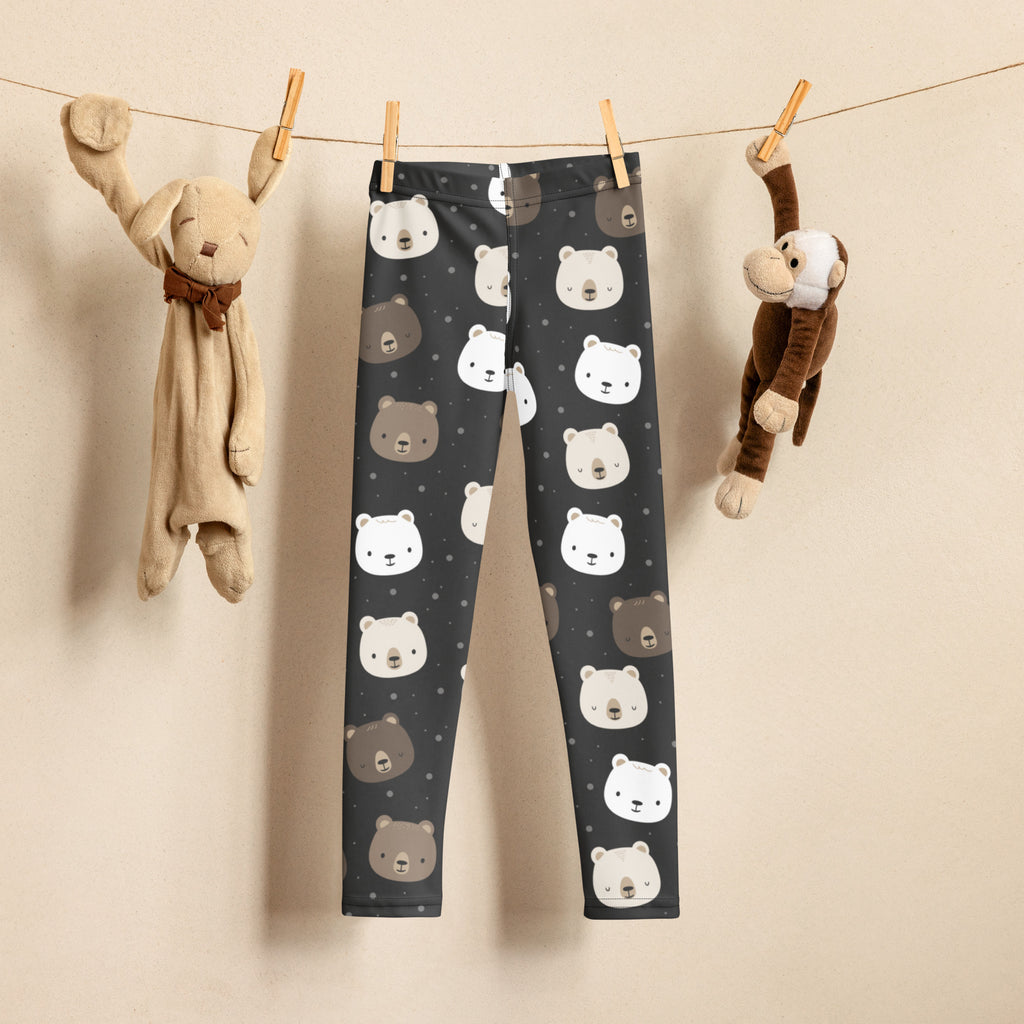 Dark gray girls bear face buttery soft leggings with white and brown bear faces and small star details