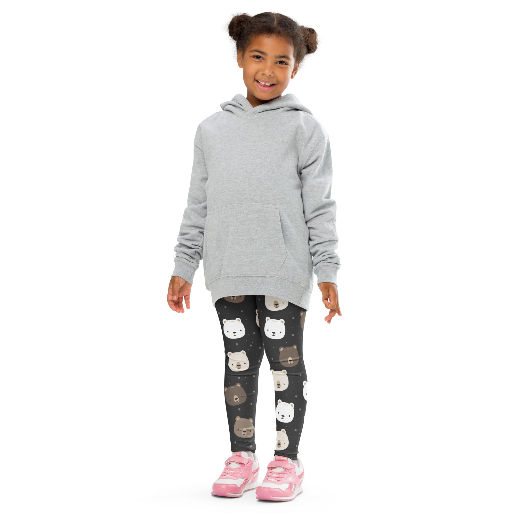 Gray hooded sweatshirt with front pocket and long sleeves shown with girls bear face buttery soft leggings