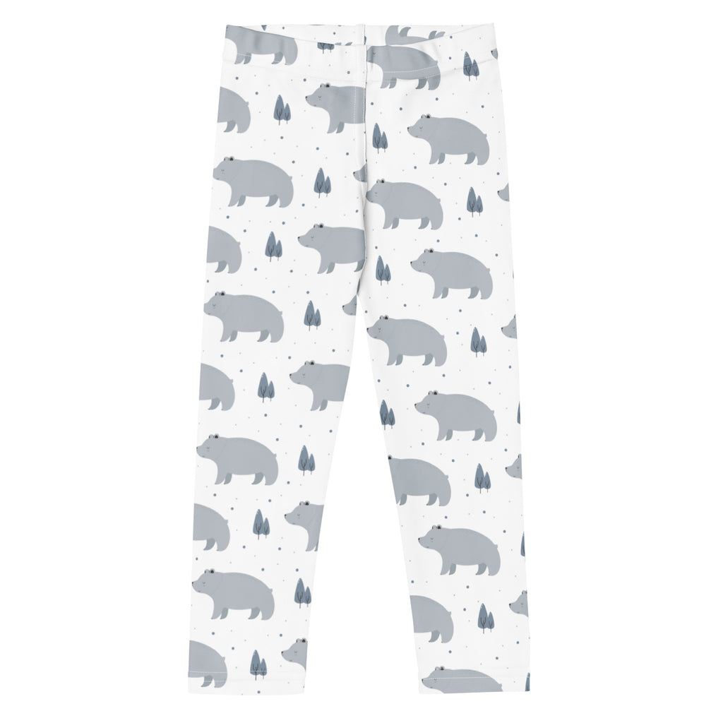 Girls polar bear buttery soft white leggings with a playful gray bear and small tree pattern