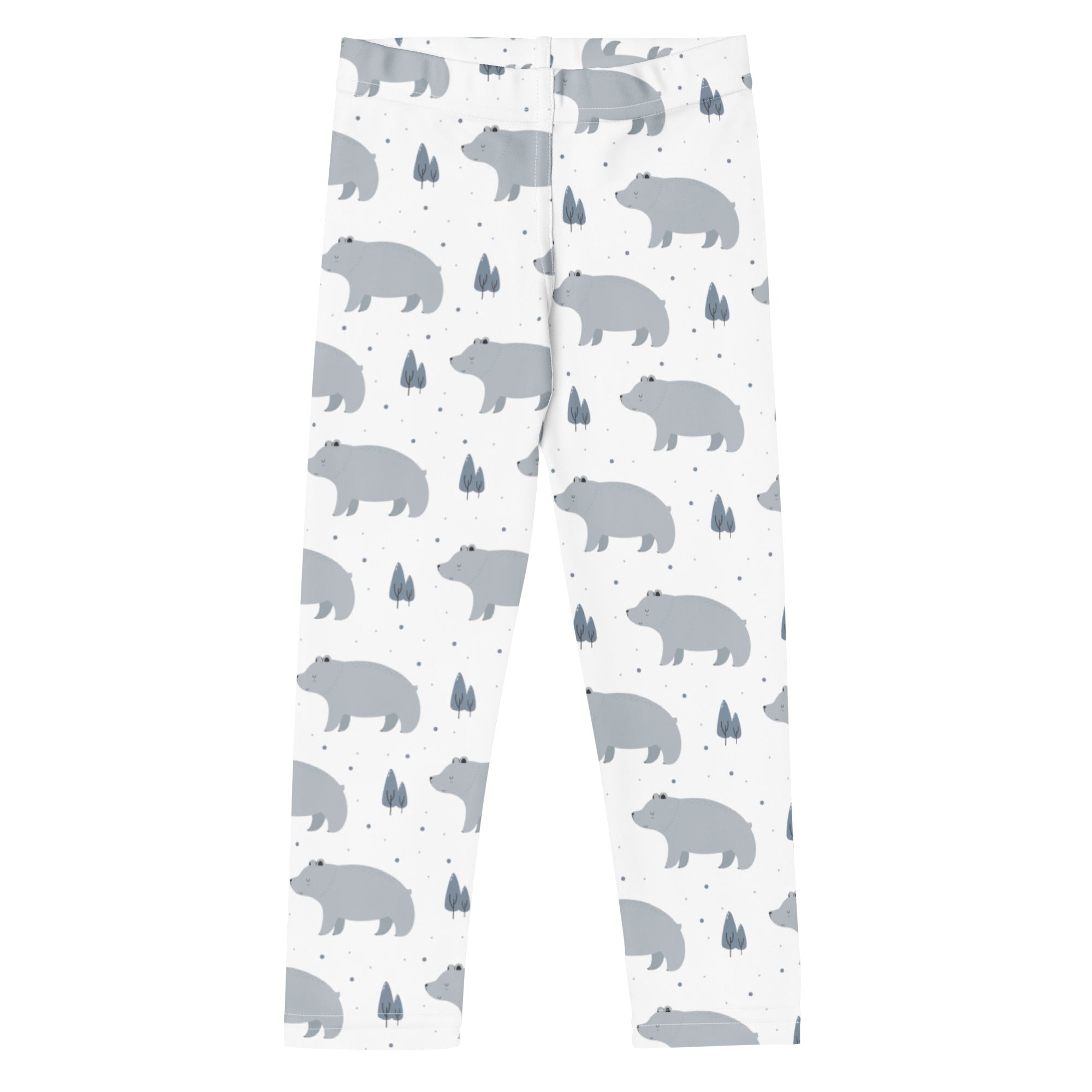 Girls polar bear buttery soft white leggings with a playful gray bear and small tree pattern