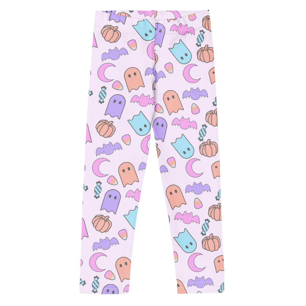 Girls halloween pattern buttery soft leggings in pastel colors with playful ghosts bats pumpkins and candy design