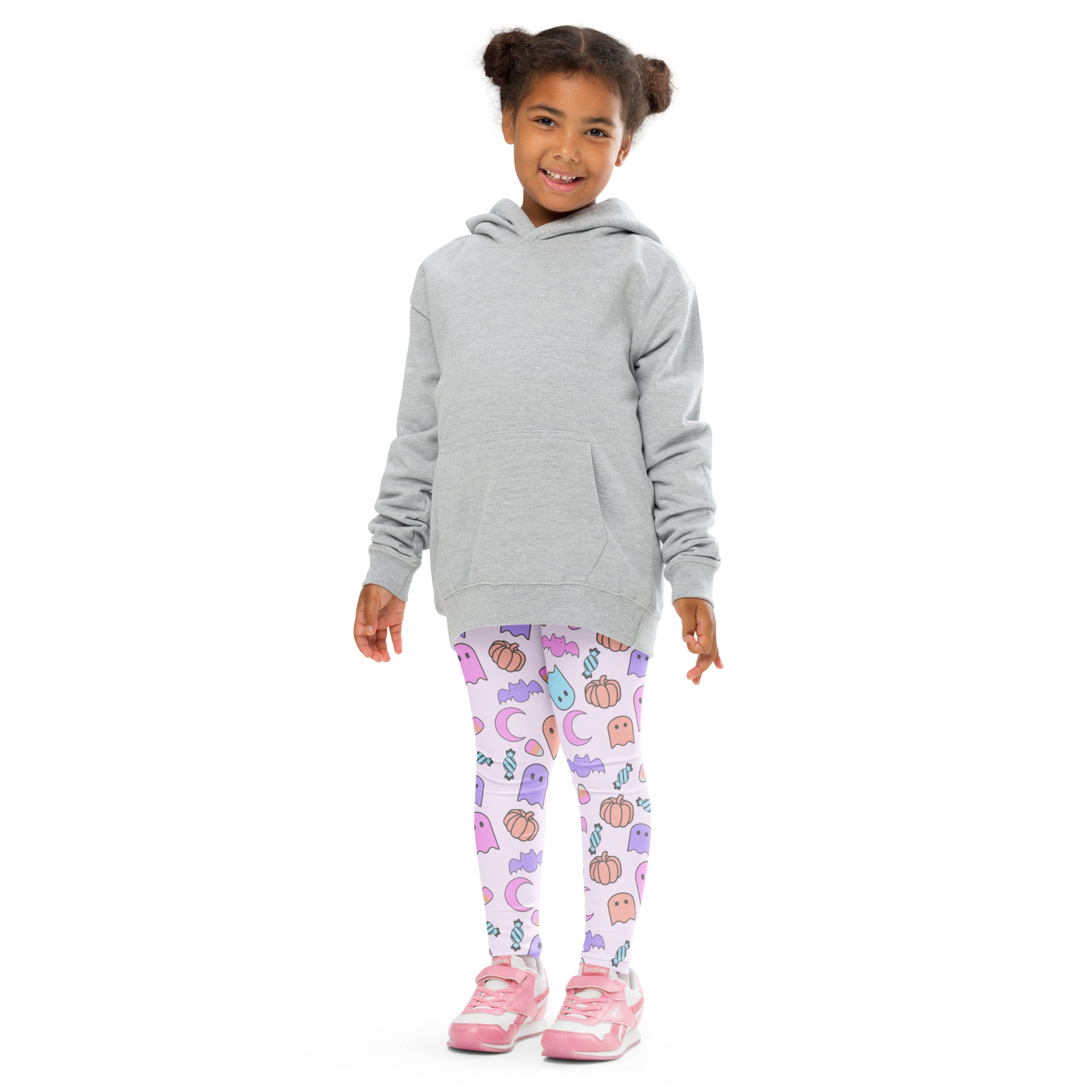 Gray hooded sweatshirt with soft casual fit and subtle stitching details paired with girls halloween pattern buttery soft leggings