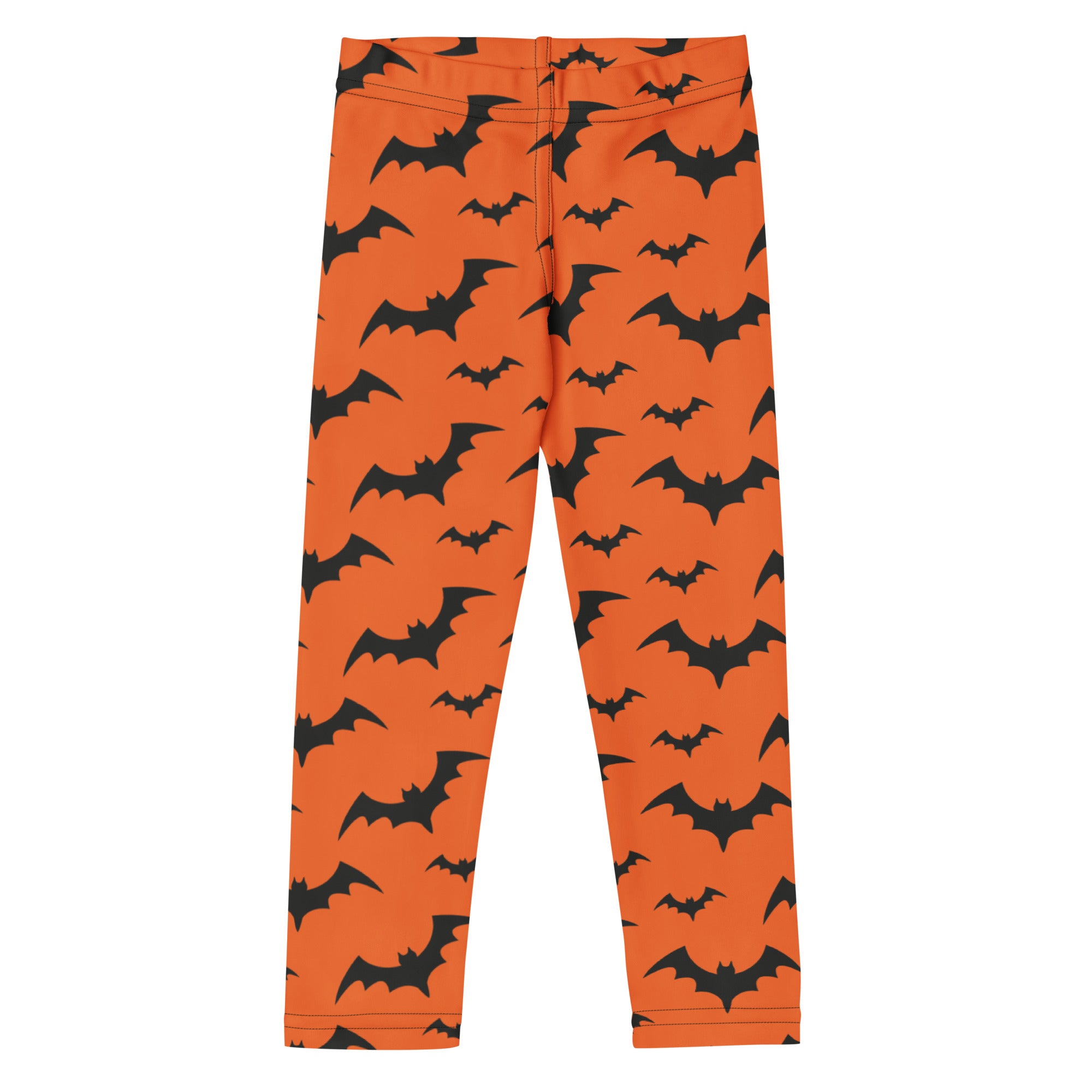 Kids orange bats Halloween buttery soft leggings with repeating black bat silhouettes for festive wear