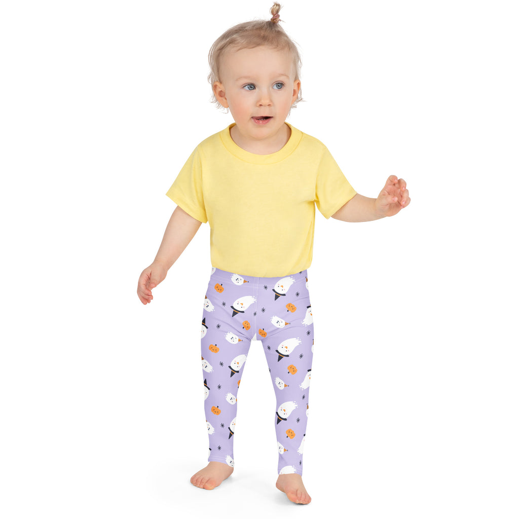 Girls ghost witch buttery soft leggings in purple with playful white ghosts orange pumpkins and black witch hats pattern