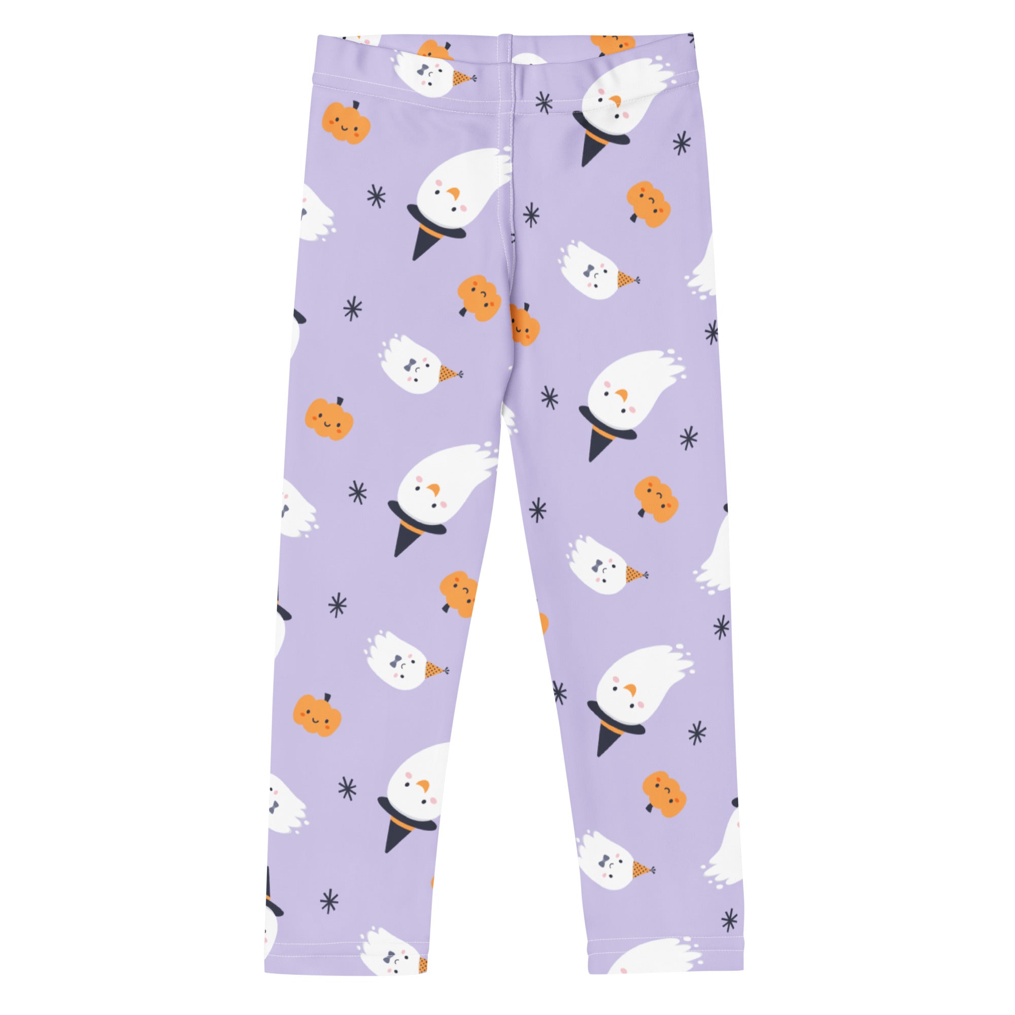 Girls ghost witch buttery soft purple leggings with white ghost and orange pumpkin playful halloween pattern