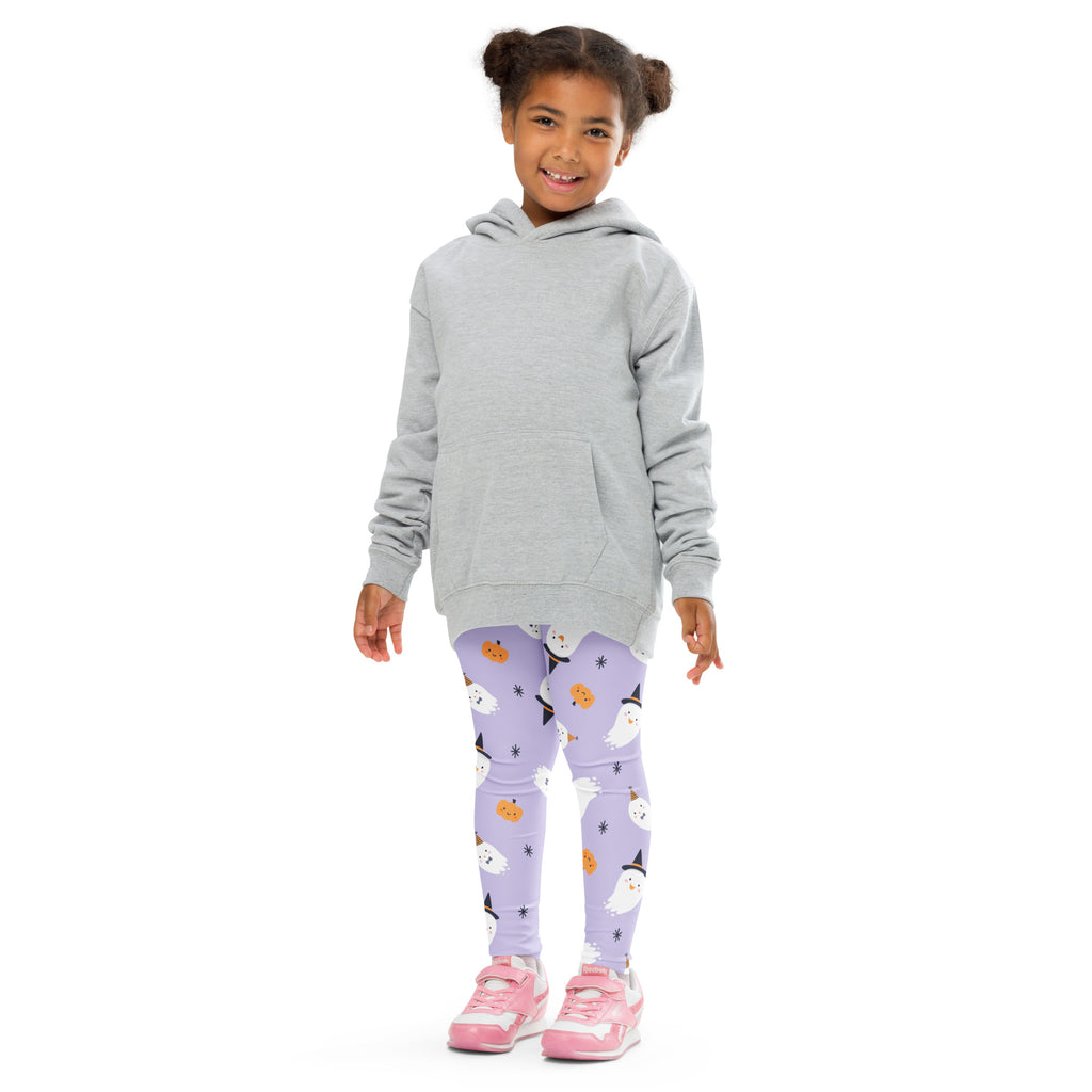 A child wearing girls ghost witch buttery soft lavender leggings with white ghosts and orange pumpkins in light gray hoodie
