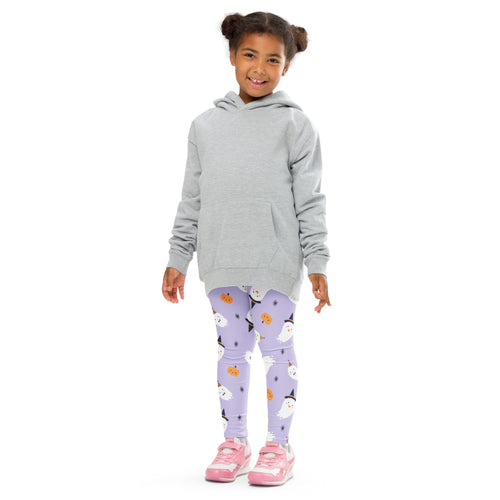 A child wearing girls ghost witch buttery soft lavender leggings with white ghosts and orange pumpkins in light gray hoodie