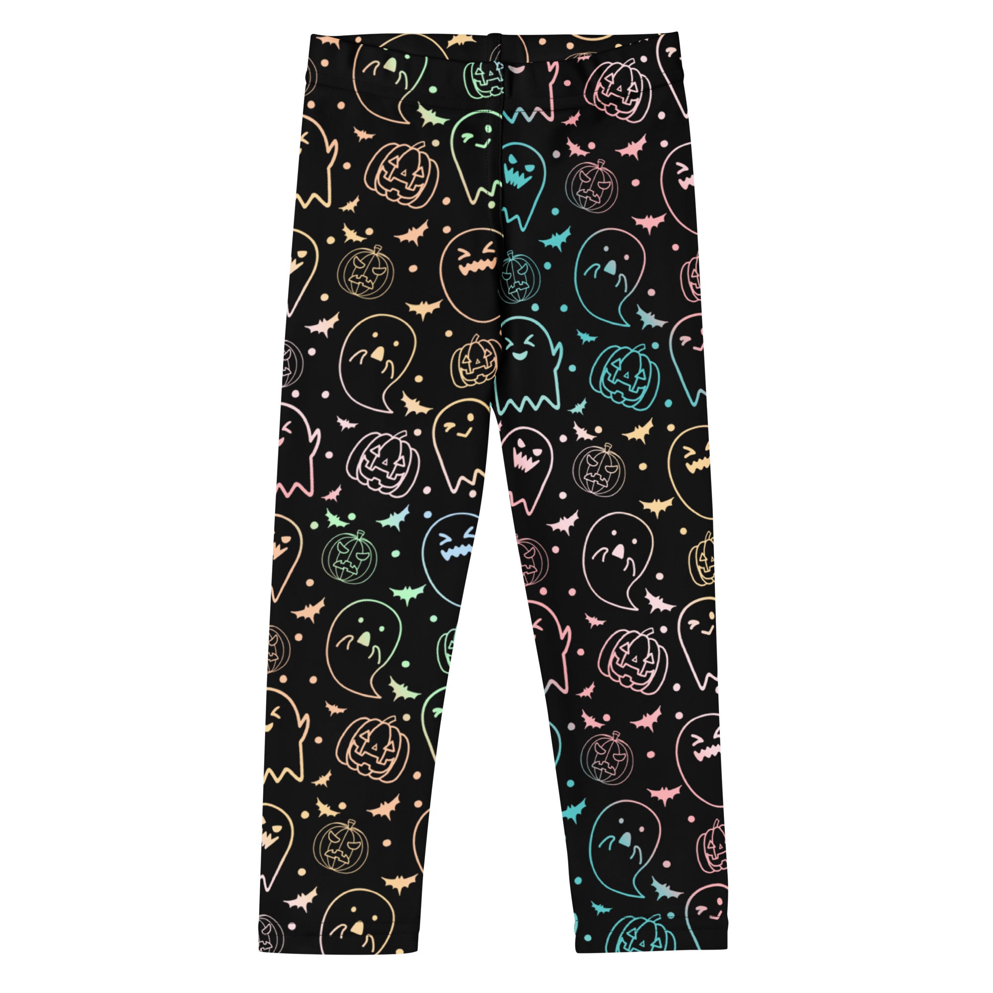 Black girls colorful neon halloween buttery soft leggings with glowing ghosts and pumpkins in pastel rainbow outlines