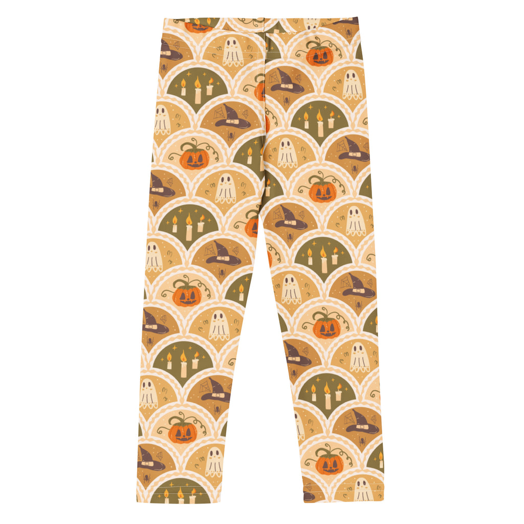 Kids autumn themed halloween buttery soft leggings with jack o lantern ghost and witch hat pattern in warm tones
