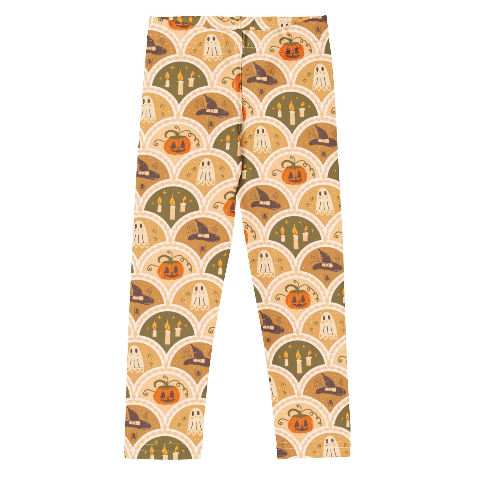 Kids autumn themed halloween buttery soft leggings with jack o lantern ghost and witch hat pattern in warm tones