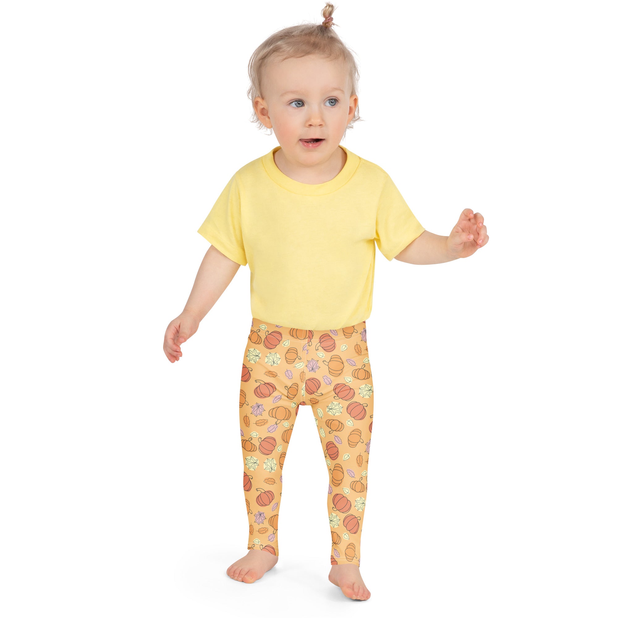 Yellow short-sleeved t-shirt with simple round neckline paired with kids pumpkin patch buttery soft leggings