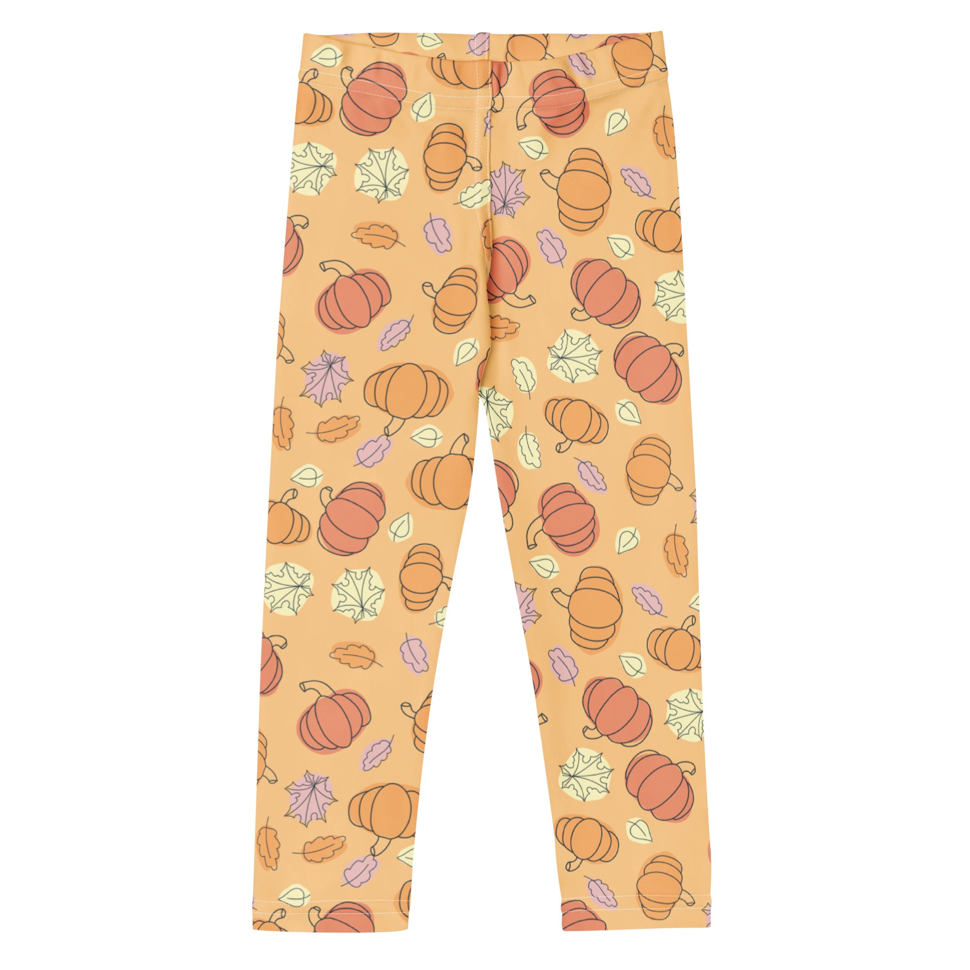Kids pumpkin patch buttery soft orange leggings with playful cartoon pumpkins and autumn leaves pattern in purple green and beige