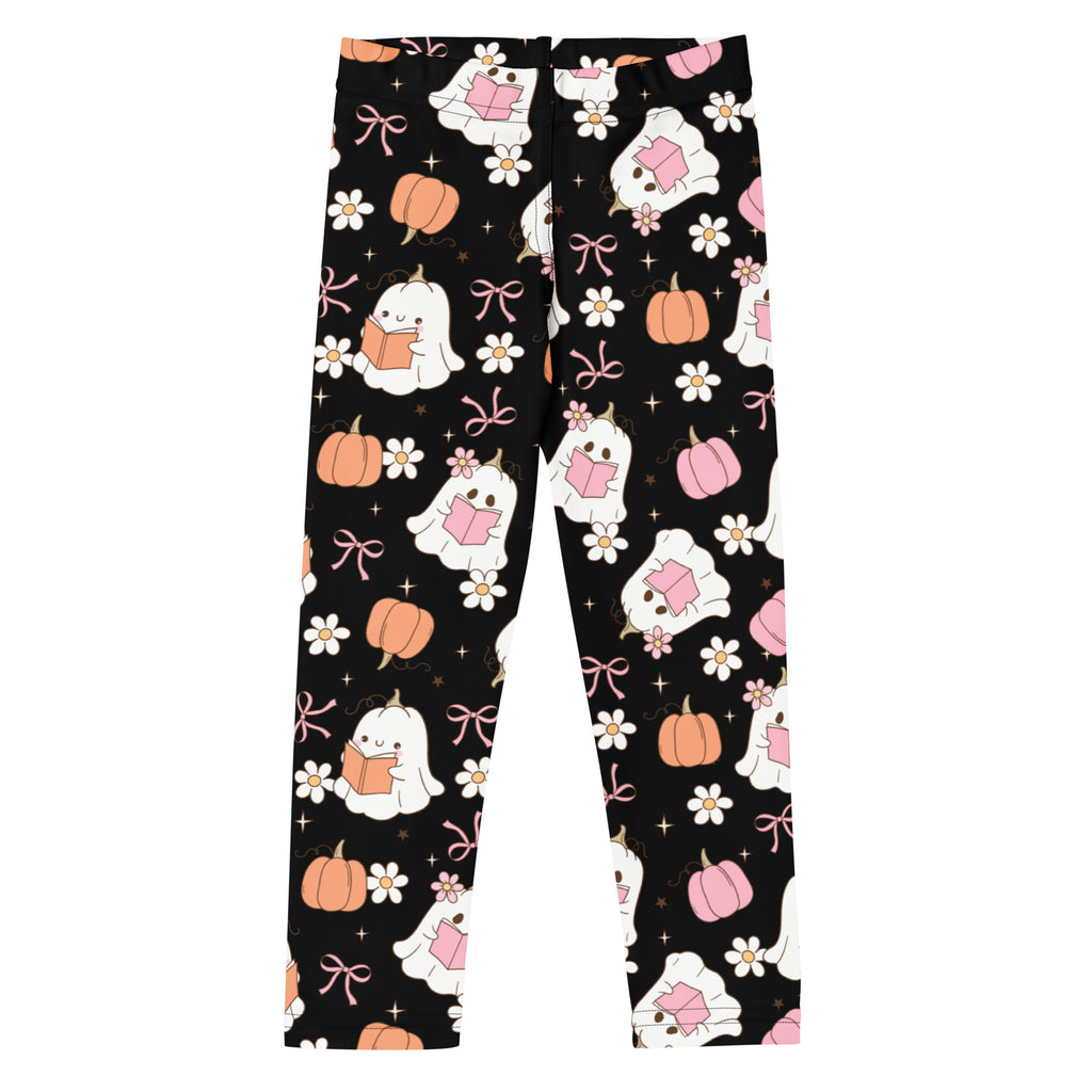 Black girls reading ghosts leggings with white cartoon ghosts pumpkins daisies pink bows buttery soft fabric