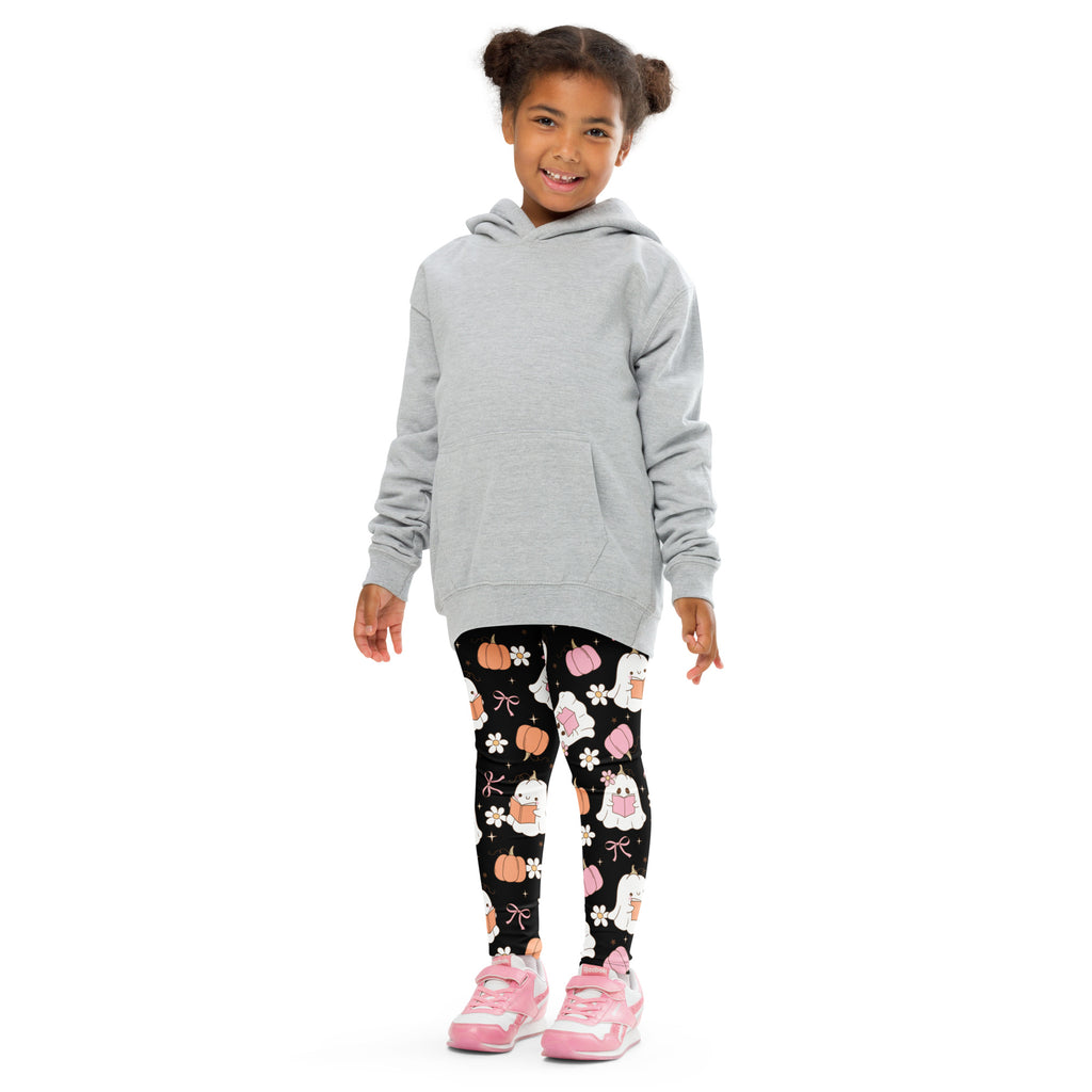Gray hooded sweatshirt with long sleeves and front pocket paired with girls reading ghosts buttery soft leggings