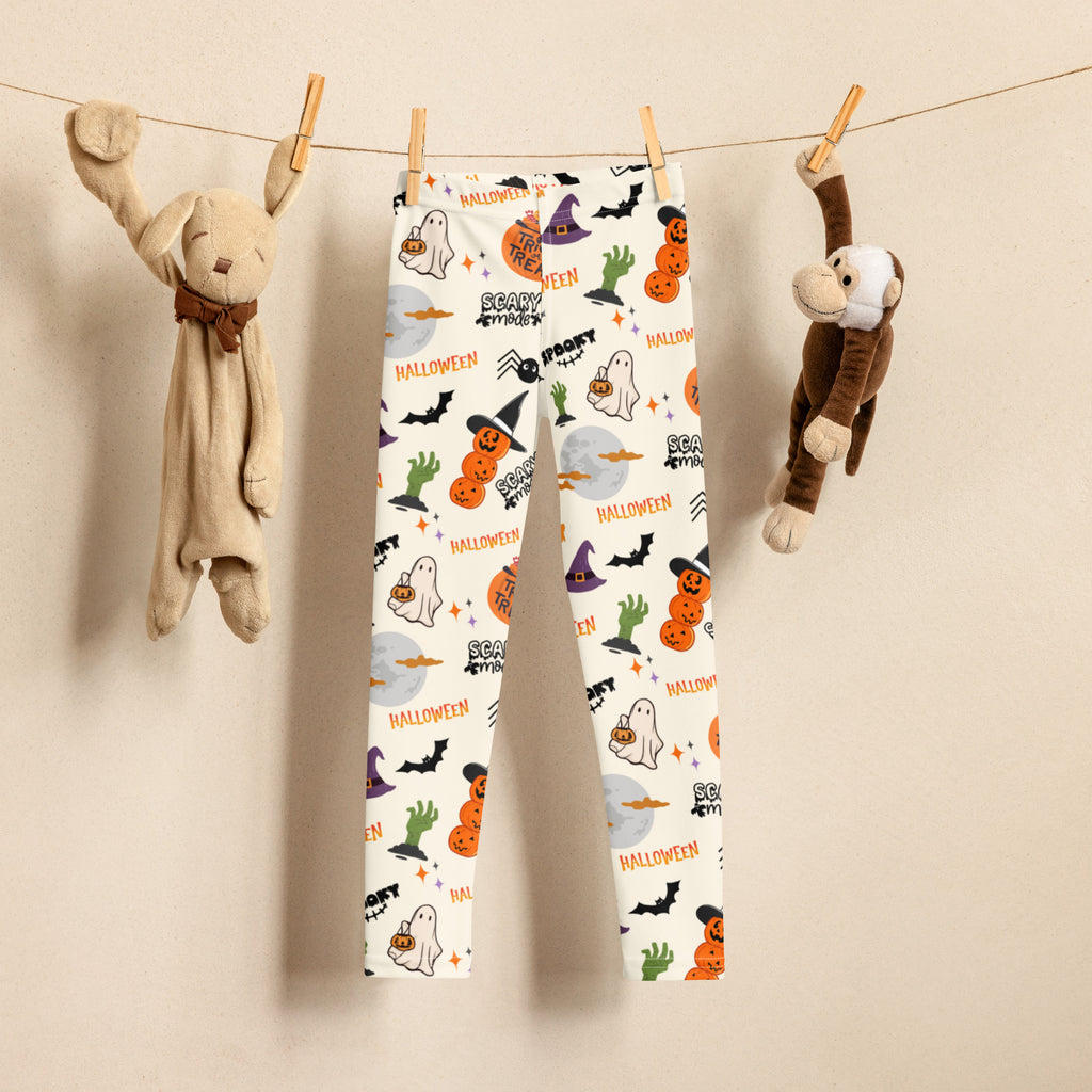 Kids trick-or-treat halloween buttery soft white leggings with playful orange black and green ghost pumpkin bat and witch hat prints