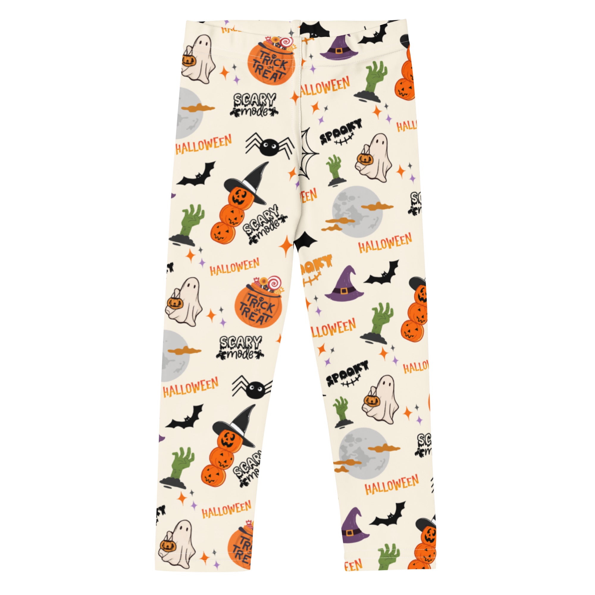 Kids trick-or-treat halloween buttery soft leggings in cream with ghosts pumpkins bats and witch hats prints