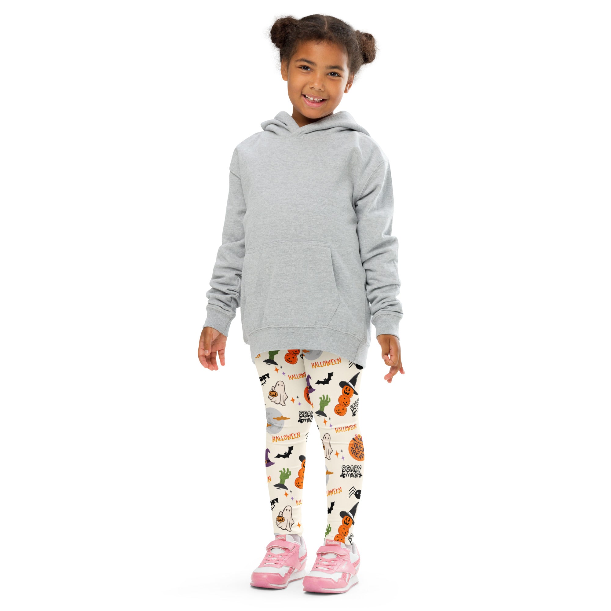 Gray hooded sweatshirt with long sleeves and front pocket worn over kids trick or treat halloween buttery soft leggings