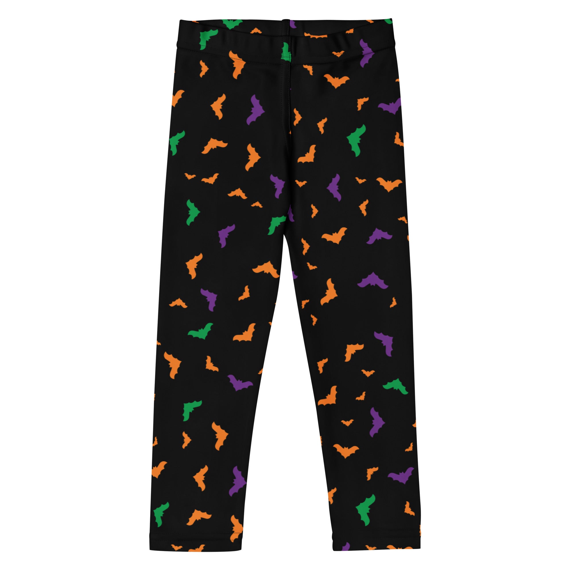 Kids halloween bat print buttery soft black leggings with orange purple and green bats playful pattern