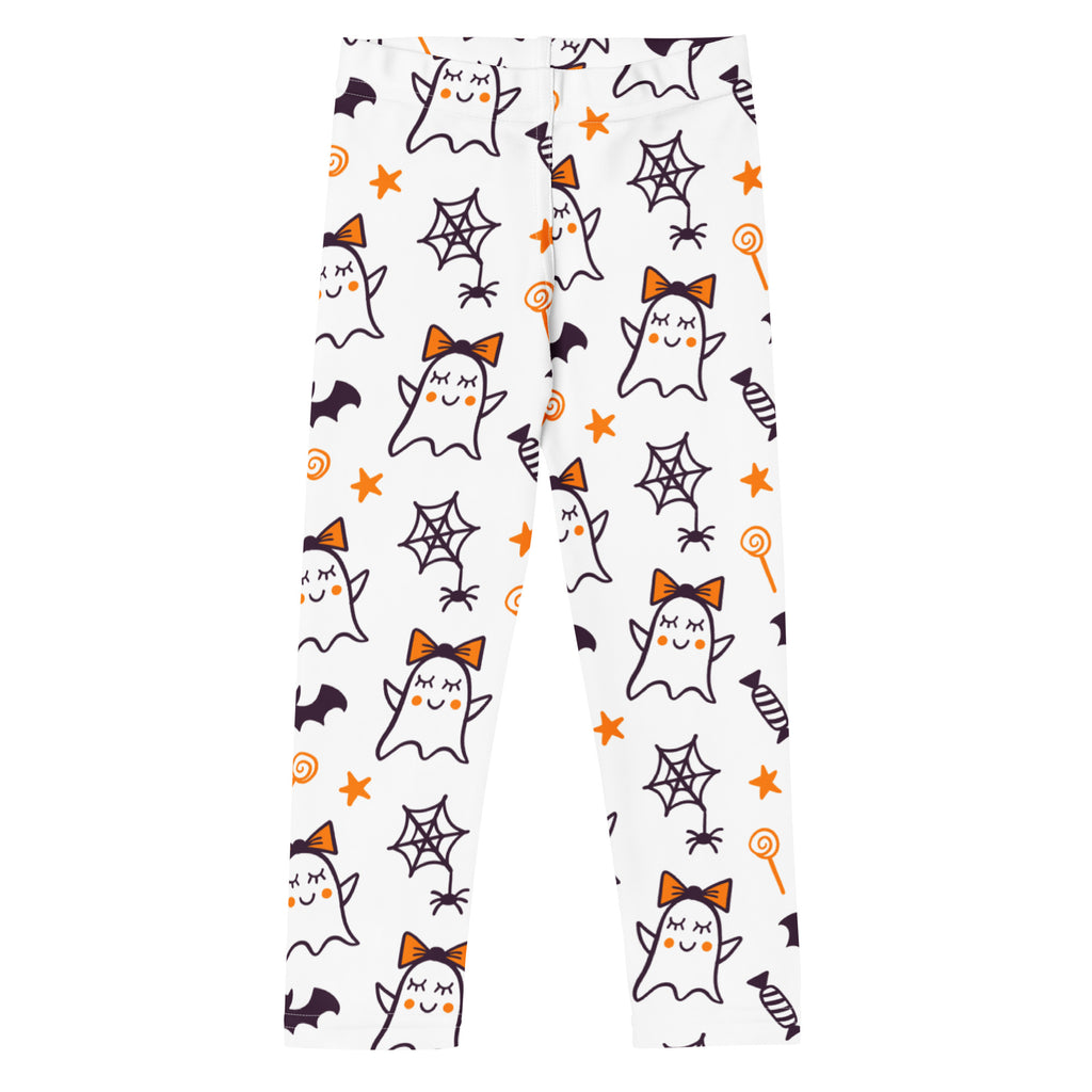 Girls cute ghost bow buttery soft white leggings with playful halloween ghost bows spiders bats and candy pattern