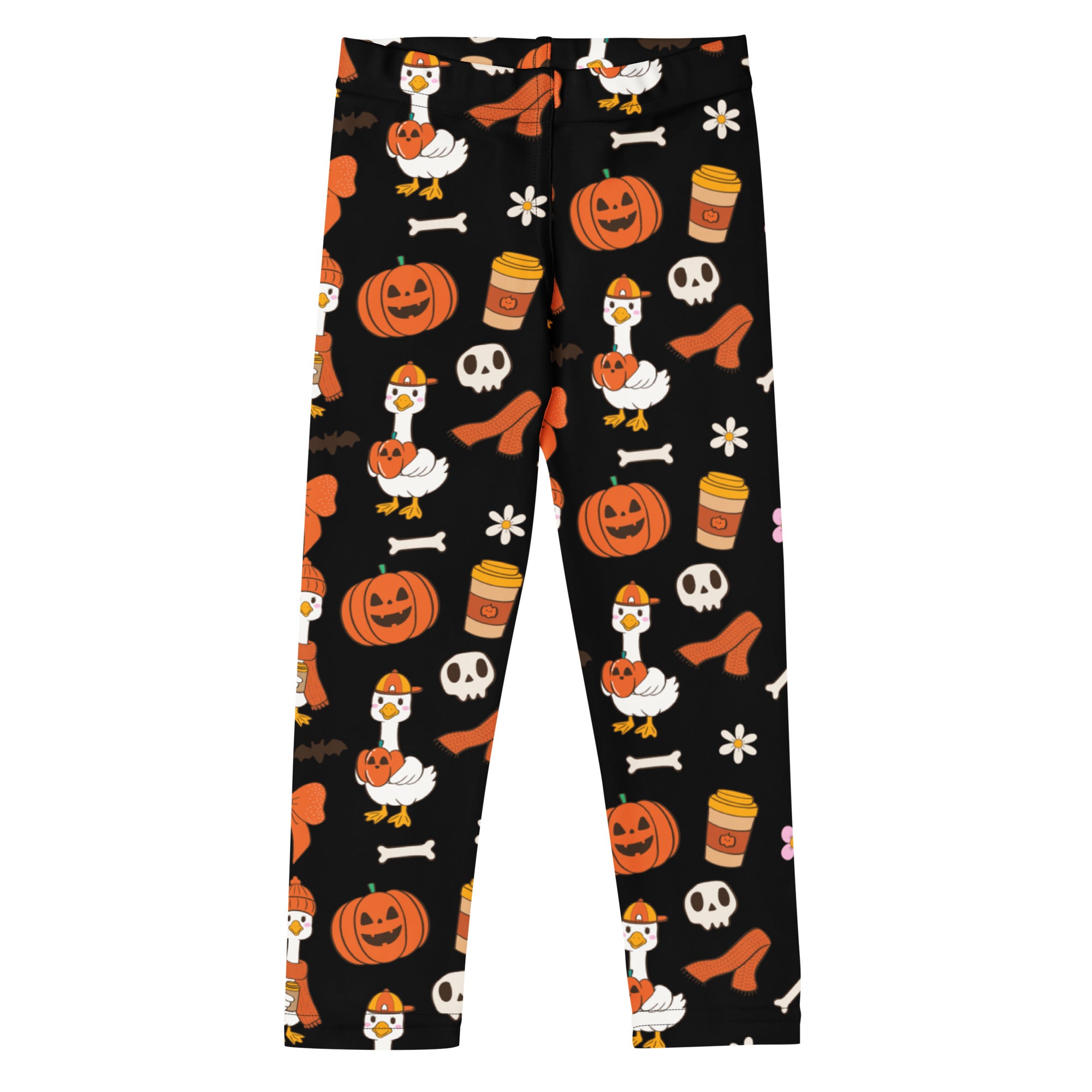 Black kids goose halloween buttery soft leggings with playful orange pumpkins white ducks skulls bones and coffee cups pattern