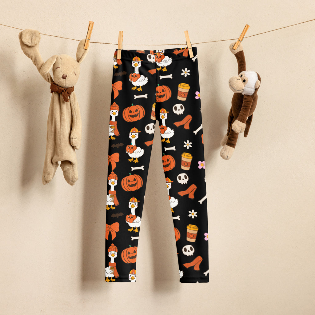 Kids goose halloween buttery soft black leggings with orange pumpkins white ducks skulls coffee cups and bones print