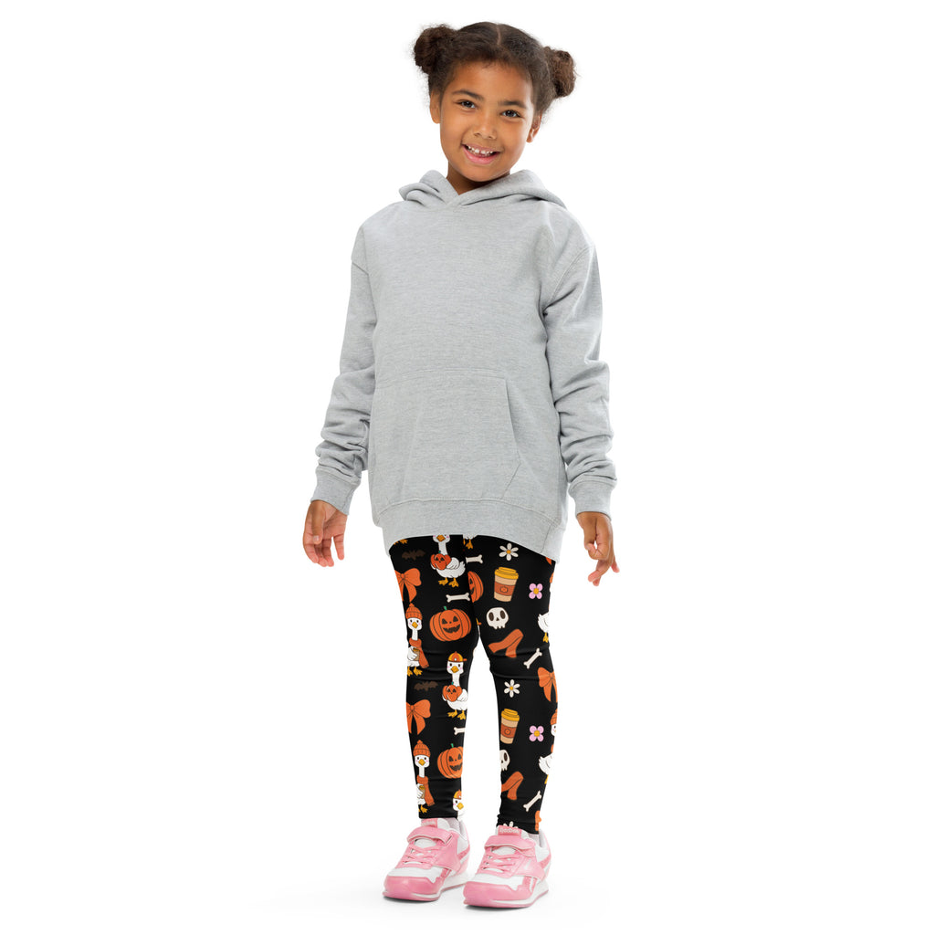 Gray hooded sweatshirt with front pocket and long sleeves paired with kids goose halloween buttery soft leggings