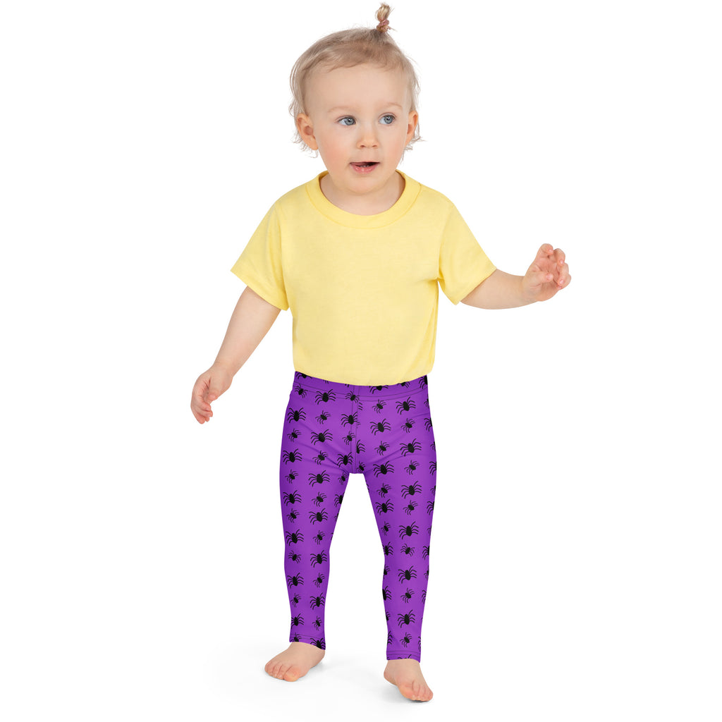 Kids purple buttery soft leggings with black spider pattern perfect for halloween wear