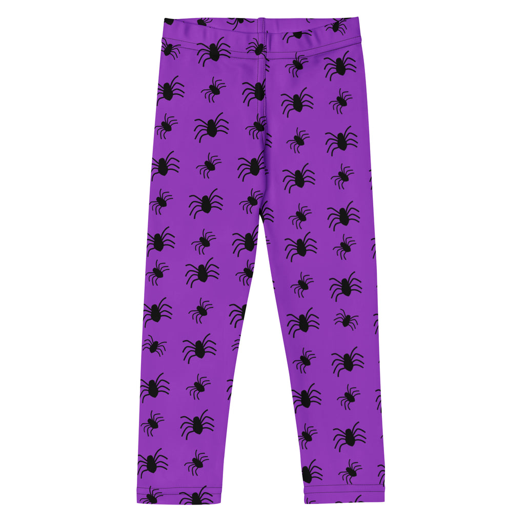 Kids purple buttery soft leggings with black spider silhouettes repeating pattern for halloween wear