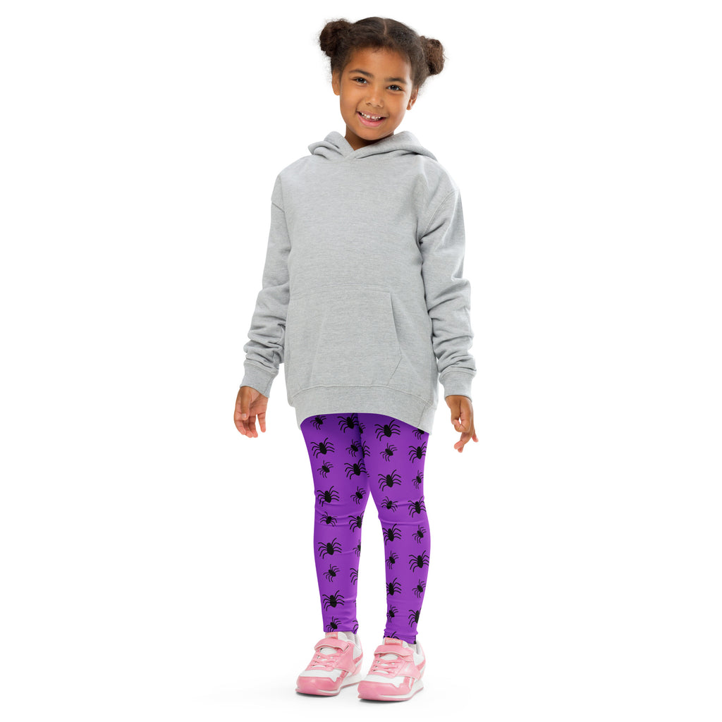 Gray hooded sweatshirt with front pocket and long sleeves paired with kids purple spider halloween buttery soft leggings