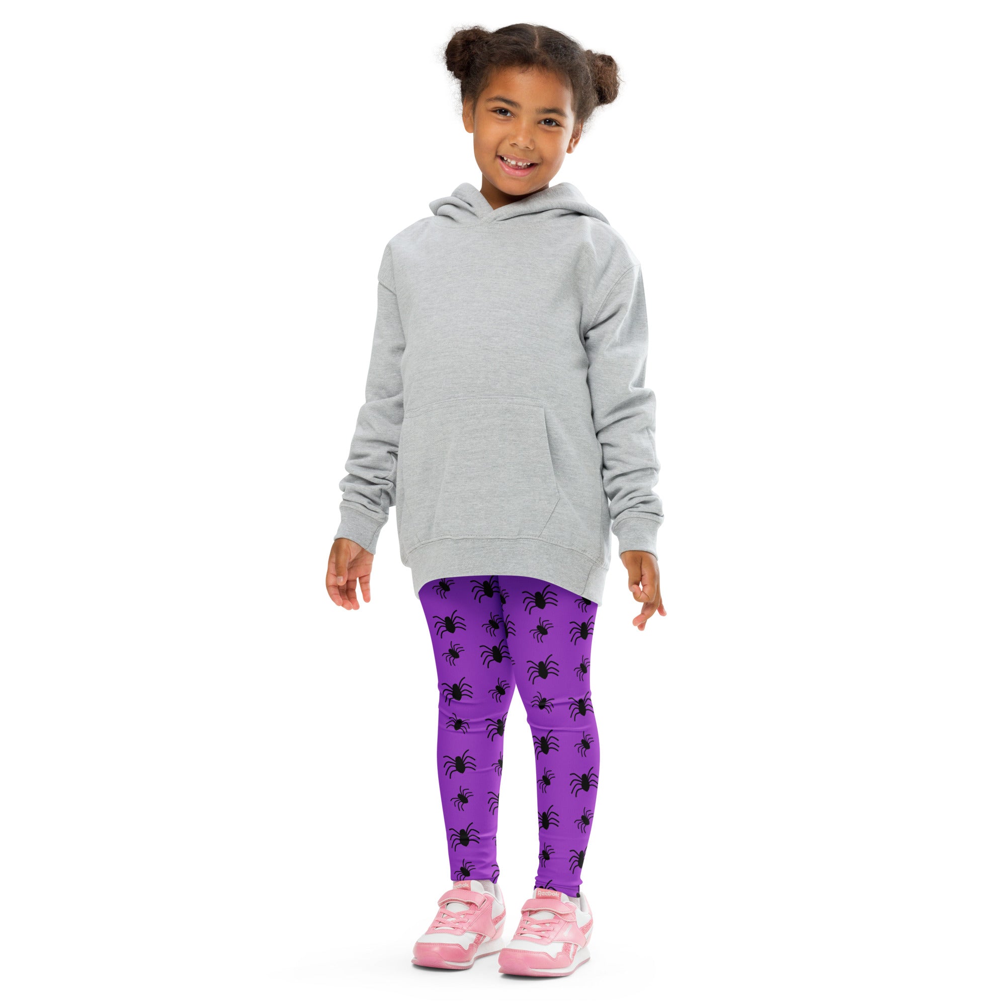 Gray hooded sweatshirt with front pocket and long sleeves paired with kids purple spider halloween buttery soft leggings