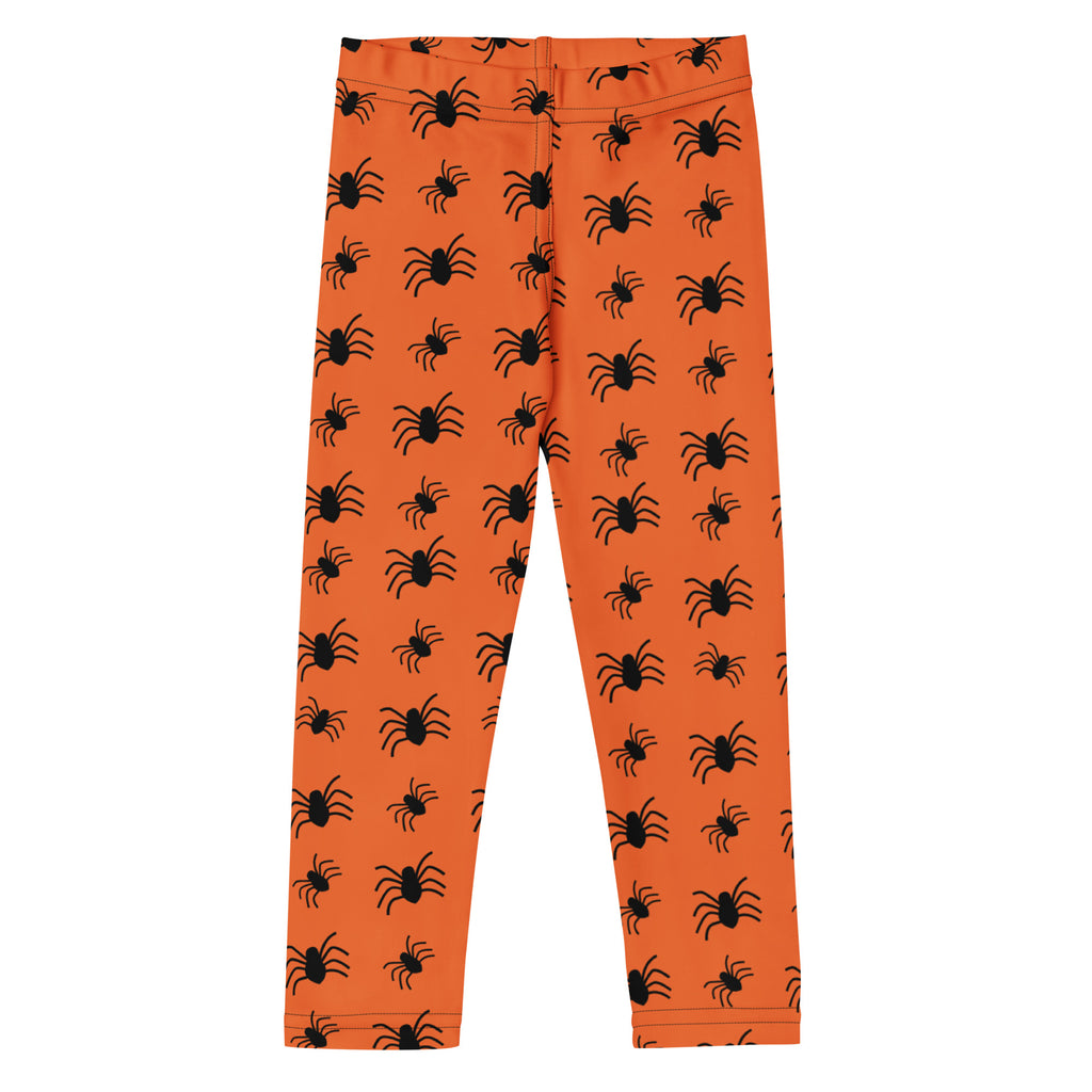 Kids orange buttery soft leggings with black spider prints perfect for halloween wear