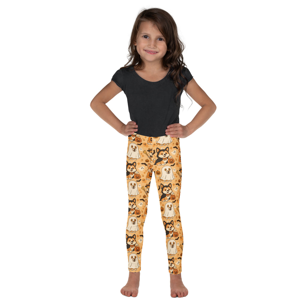 Yellow buttery soft kids leggings with playful corgi dog and ghost halloween pattern for festive wear