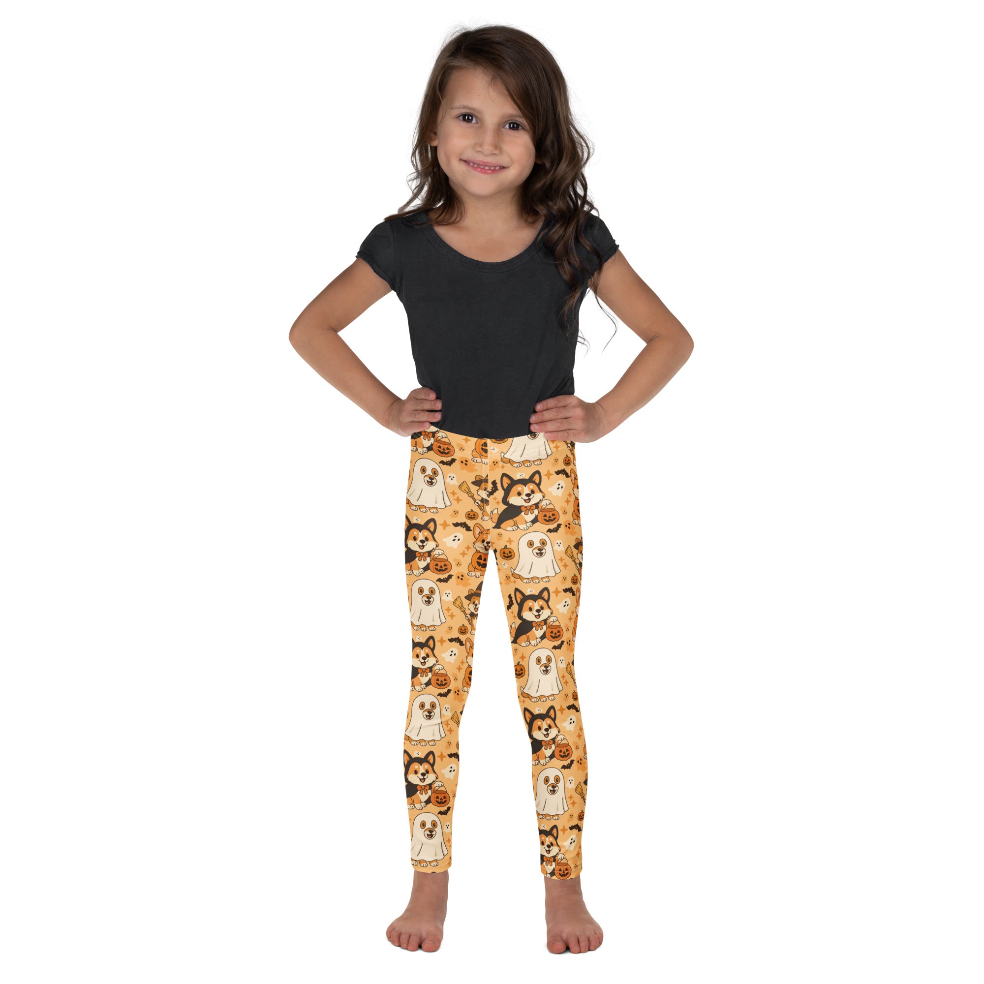 Yellow buttery soft kids leggings with playful corgi dog and ghost halloween pattern for festive wear