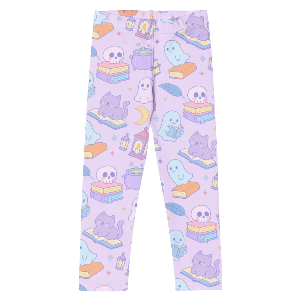 Girls halloween book cat buttery soft leggings in pastel lavender with cute halloween cats ghosts skulls and books pattern
