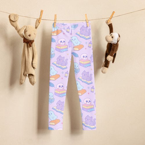 Girls halloween book cat buttery soft lilac leggings with purple cats blue ghosts and skulls atop books pattern