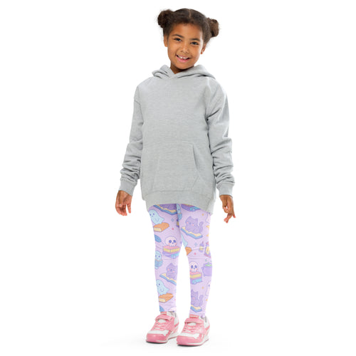 Gray hooded sweatshirt with long sleeves and front pocket worn over girls halloween book cat buttery soft purple leggings with skulls books and ghosts pattern
