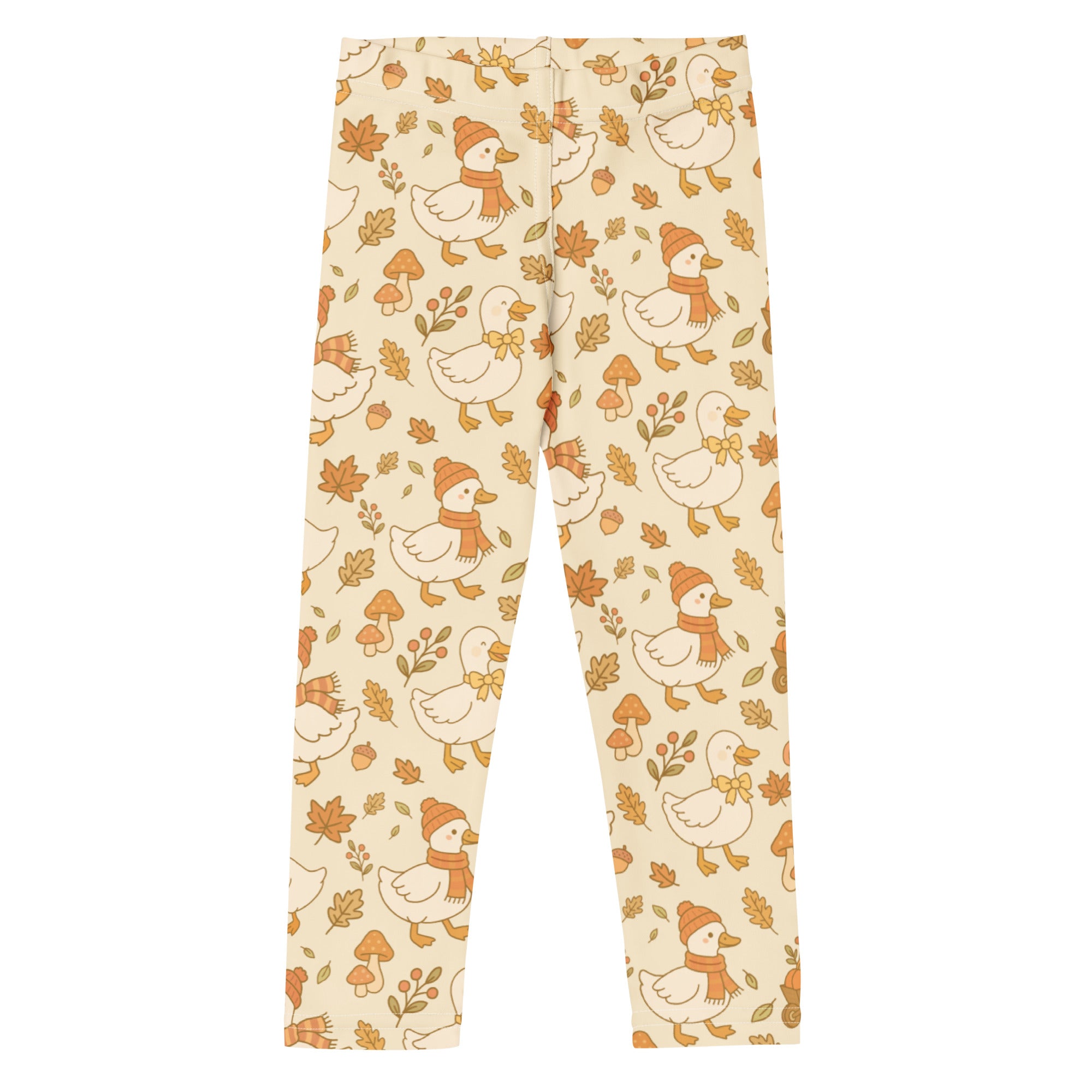 Cream-colored kids fall goose buttery soft leggings with cartoon ducks orange scarves autumn leaves and mushrooms pattern