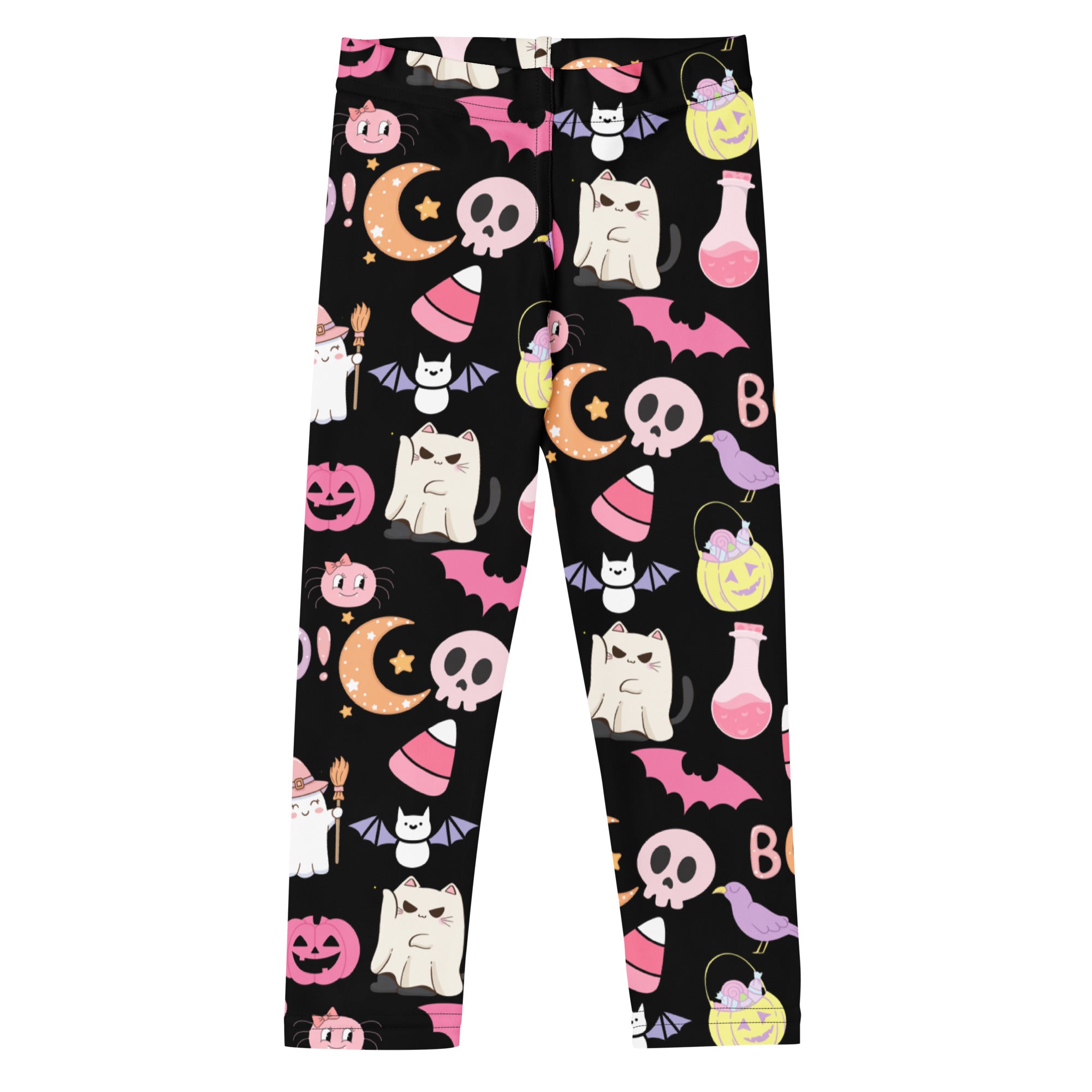 Girls cute halloween buttery soft black leggings with pink and white cat bat skull pumpkin candy corn and potion patterns