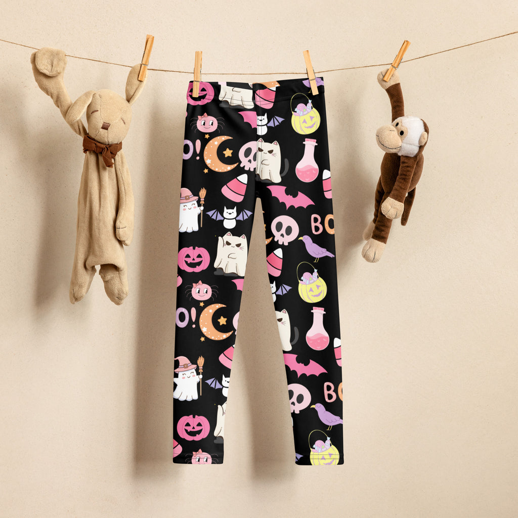 Girls cute Halloween buttery soft black leggings with playful pink white purple and yellow pumpkin bat skull cat prints