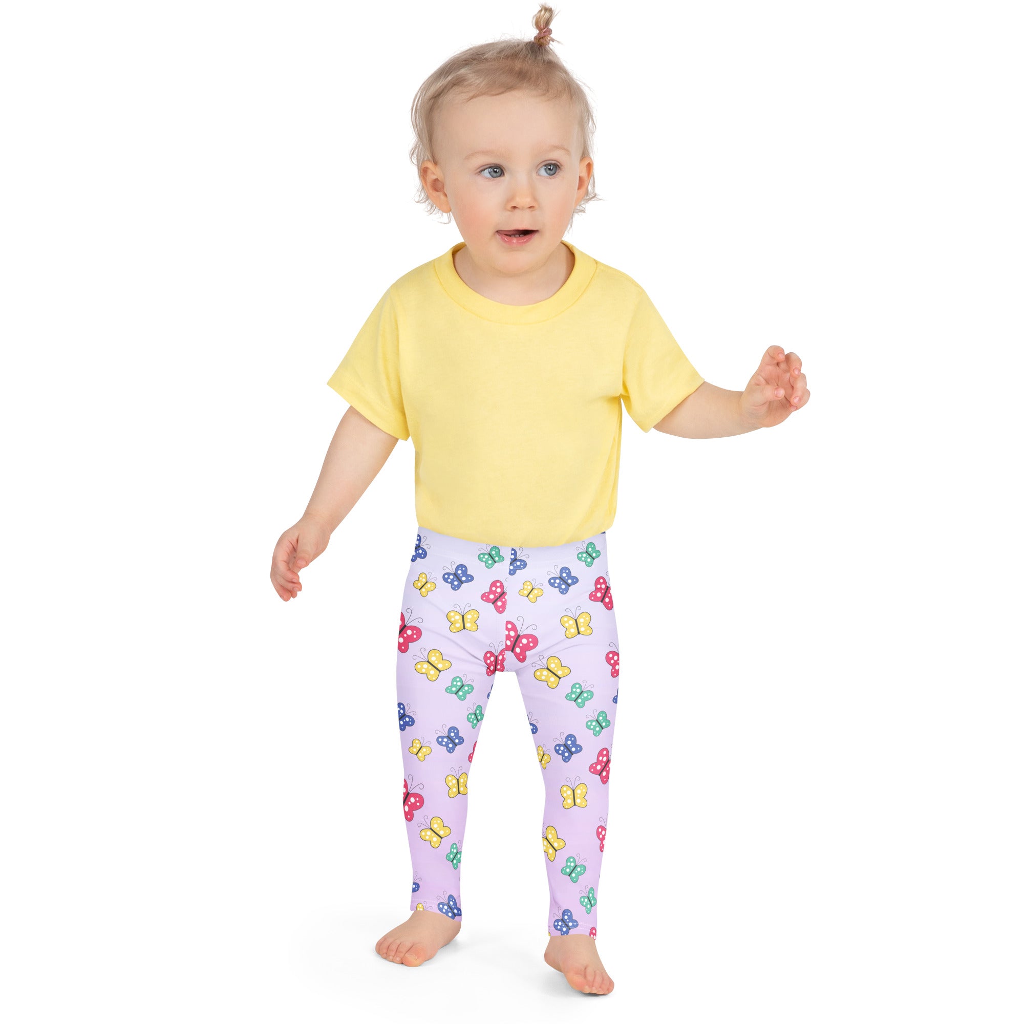 Pastel purple girls leggings with colorful pink yellow blue and green butterfly pattern buttery soft fabric